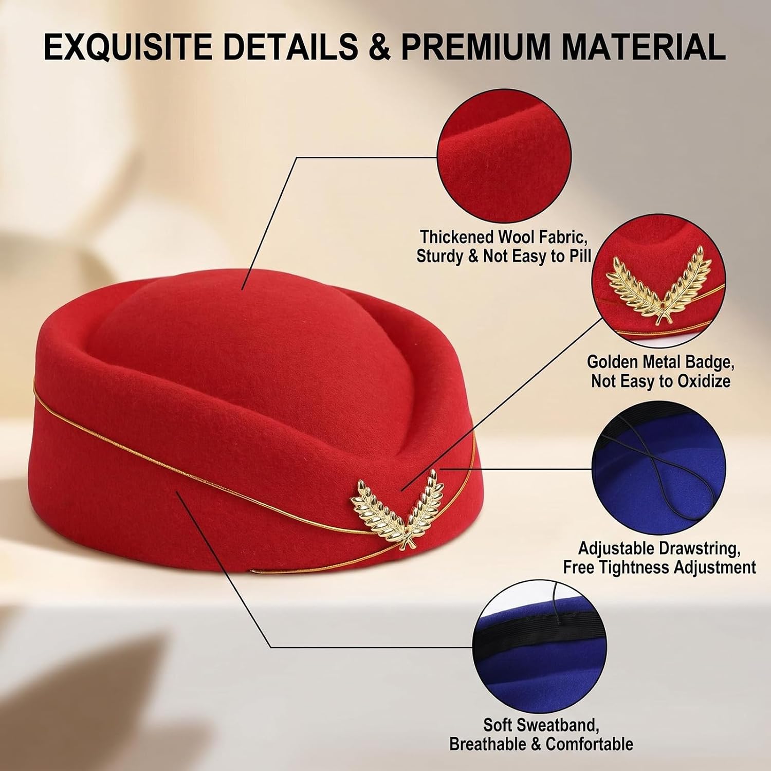 Flight Attendant Hat for Women, Red Felt Vintage Headwear for Cosplay Halloween Party Outfit
