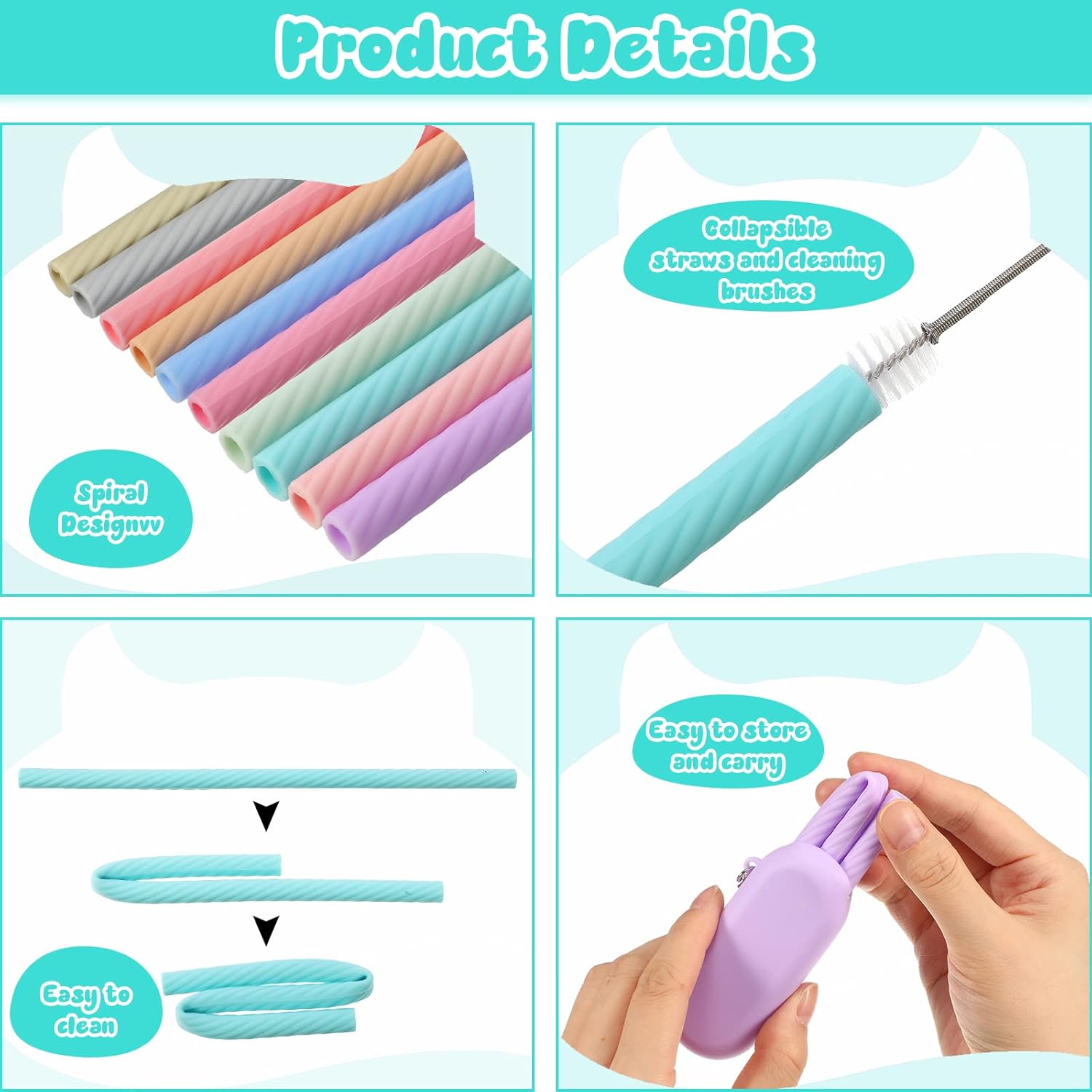 Rtteri 50 Sets Reusable Foldable Silicone Straws Travel Collapsible Portable Straws with Case Long Cleaning Brushes and Keychain for Home Party Travel Picnic Cold Hot Drink