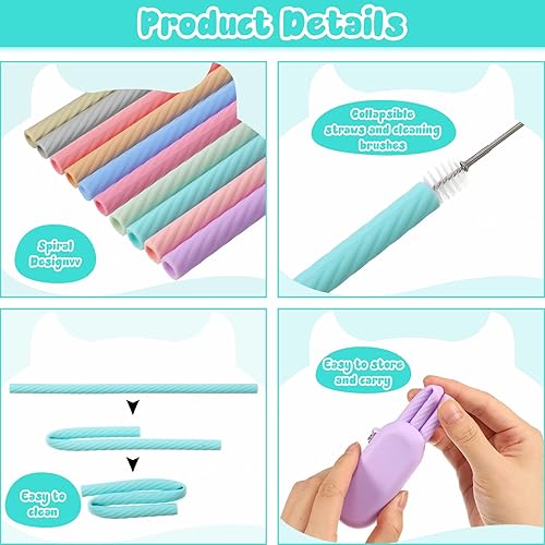 Miniatura 3 de Irenare Juego de 20 popotes de silicona con estuche, reutilizables, plegables, portátiles, de viaje, para beber en frío o caliente, con funda de