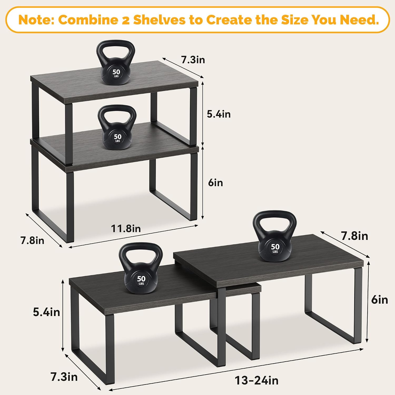 Kitchen Cabinet Organizer Shelf, Set of 4 Wood Kitchen Counter Shelves Riser with Metal Legs, Stackable Expandable Kitchen Storage Spice Rack, Can Cup Dish Organizer, Black image 4