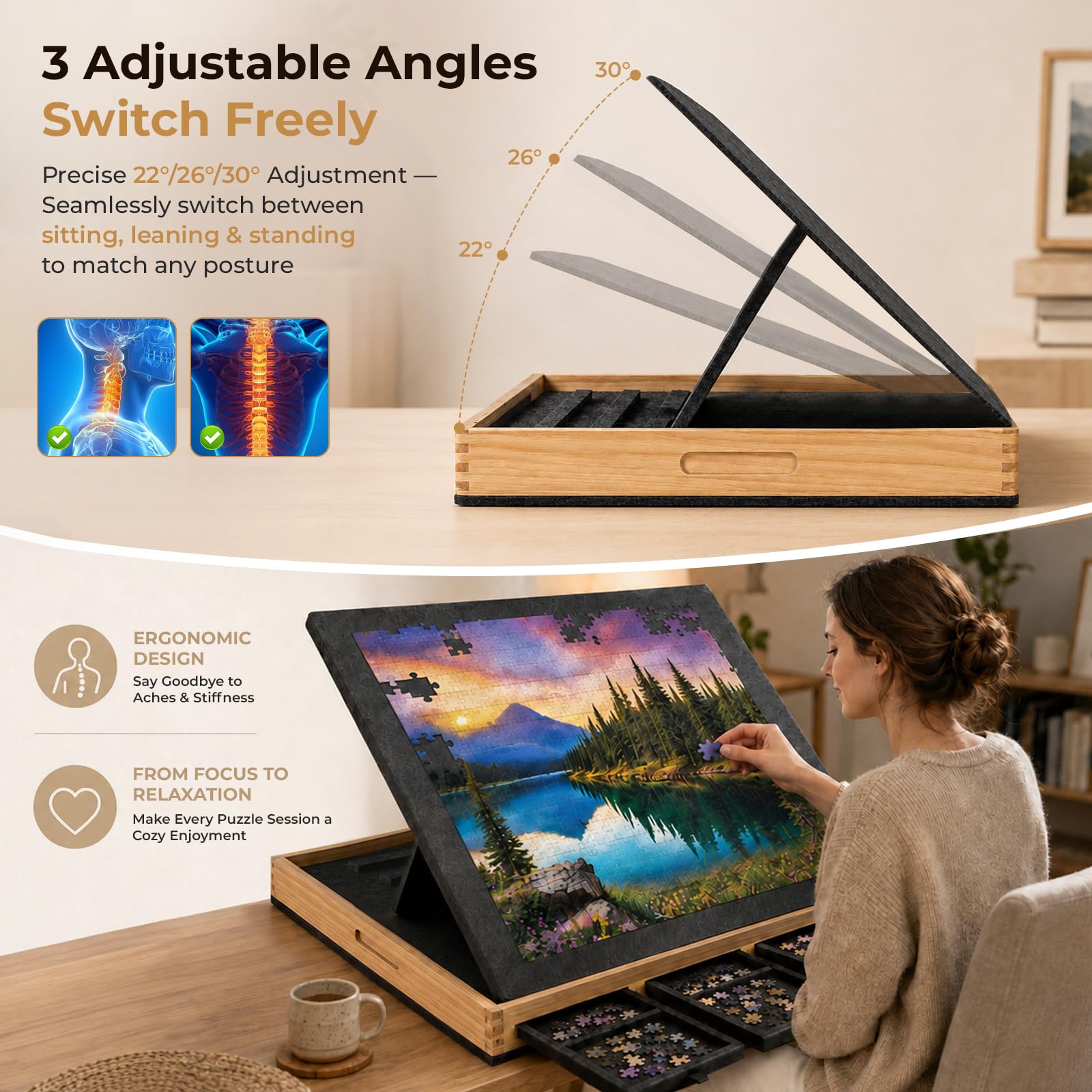 Puzzle portatile in legno e feltro, 1000 pezzi, con 3 cassetti (nero) | Tavolo puzzle con copertura protettiva in feltro, puzzle con 3 angoli di inclinazione, il regalo perfetto per adulti