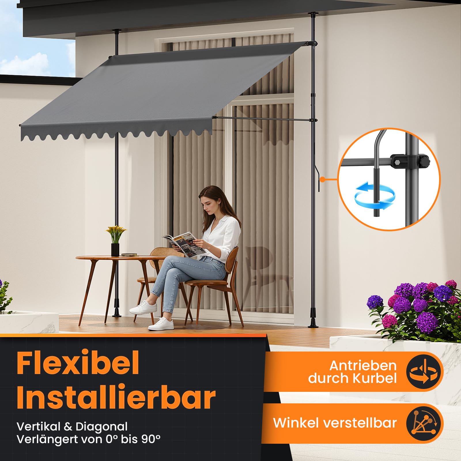 Tenda da Sole a Bracci con Manovella | Protezione Balcone, Regolabile, Senza Forare, a Manovella | Tenda resistente per Esterno ai raggi UV e regolabile in Altezza | Grigio (300 x 180 cm)