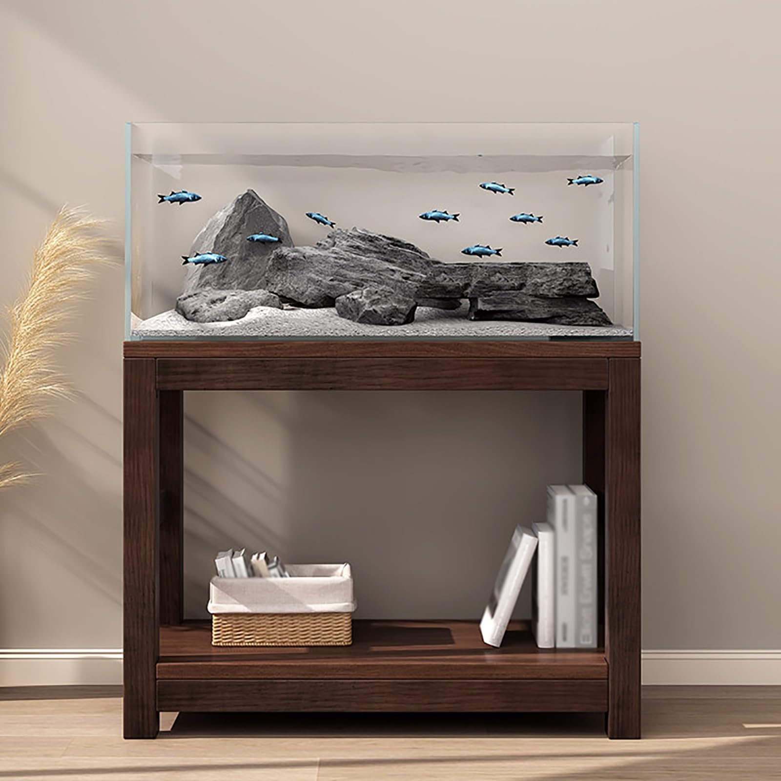 Mobile per Acquario, Supporto in Legno per Acquario | Legno Massello di Gomma, Due Piani d'Appoggio, Montaggio Semplice, Portata di 150 kg(Walnut,50x35x60cm/20x14x24in)