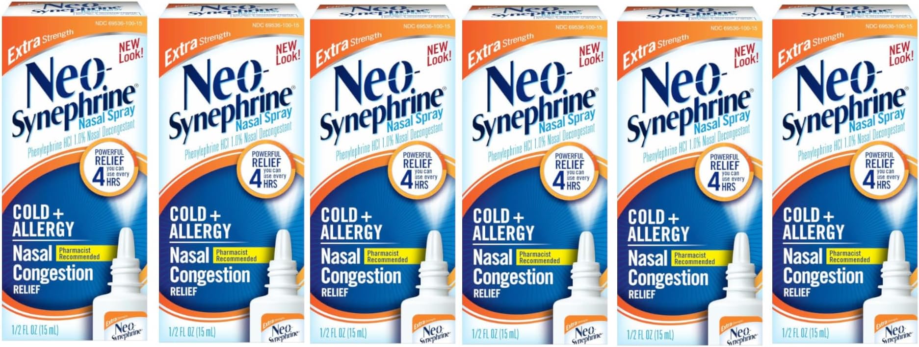 Extra Strength Nasal Spray, Phenylephrine HCl 1.0%, Powerful Nasal Decongestant, Non-Drowsy Cold & Allergy Relief, 1/2 fl oz (Pack of 6)