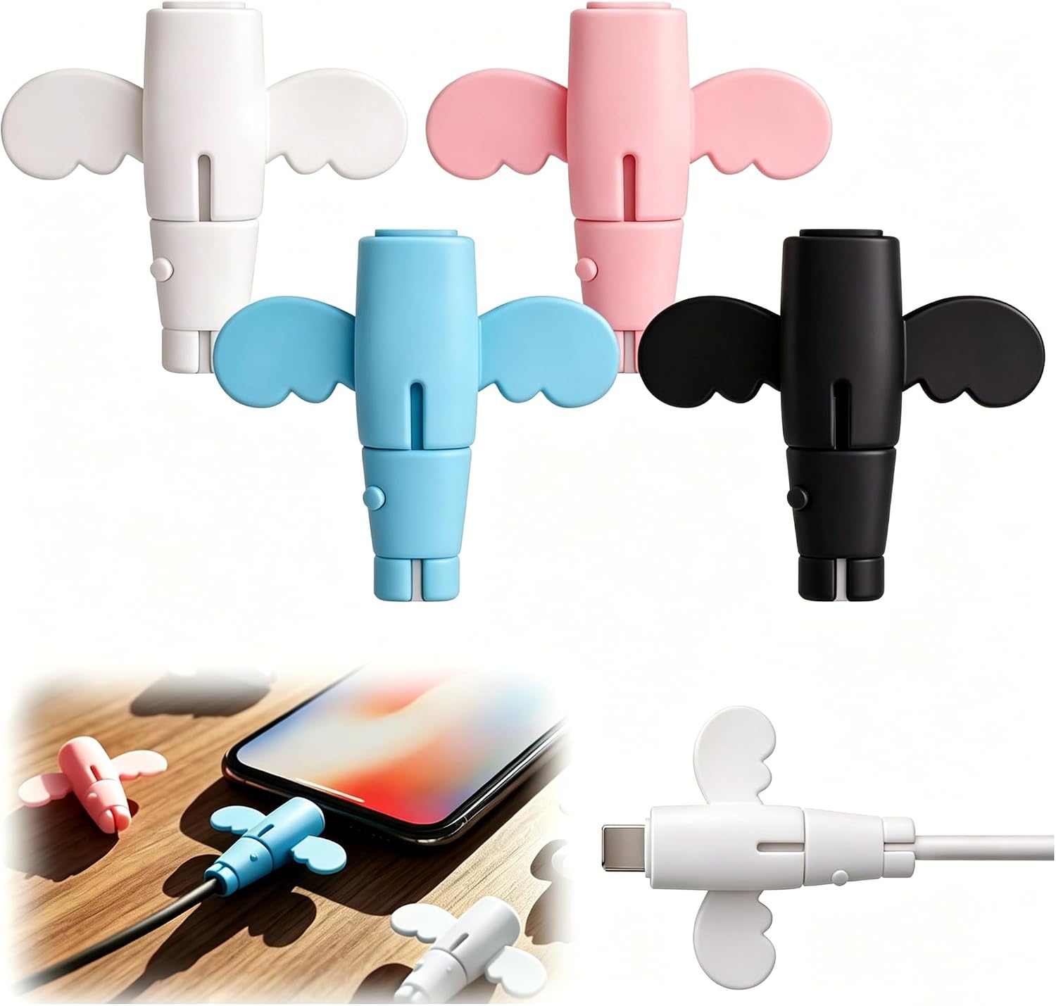 Silicone Charger Cable Protectors, Universal Non-Slip Cord Saver, Cute Wing Cable Saver, Double-End Silicone Data Cable Protection Cover Cord Organizer (Mix, 4PCS)