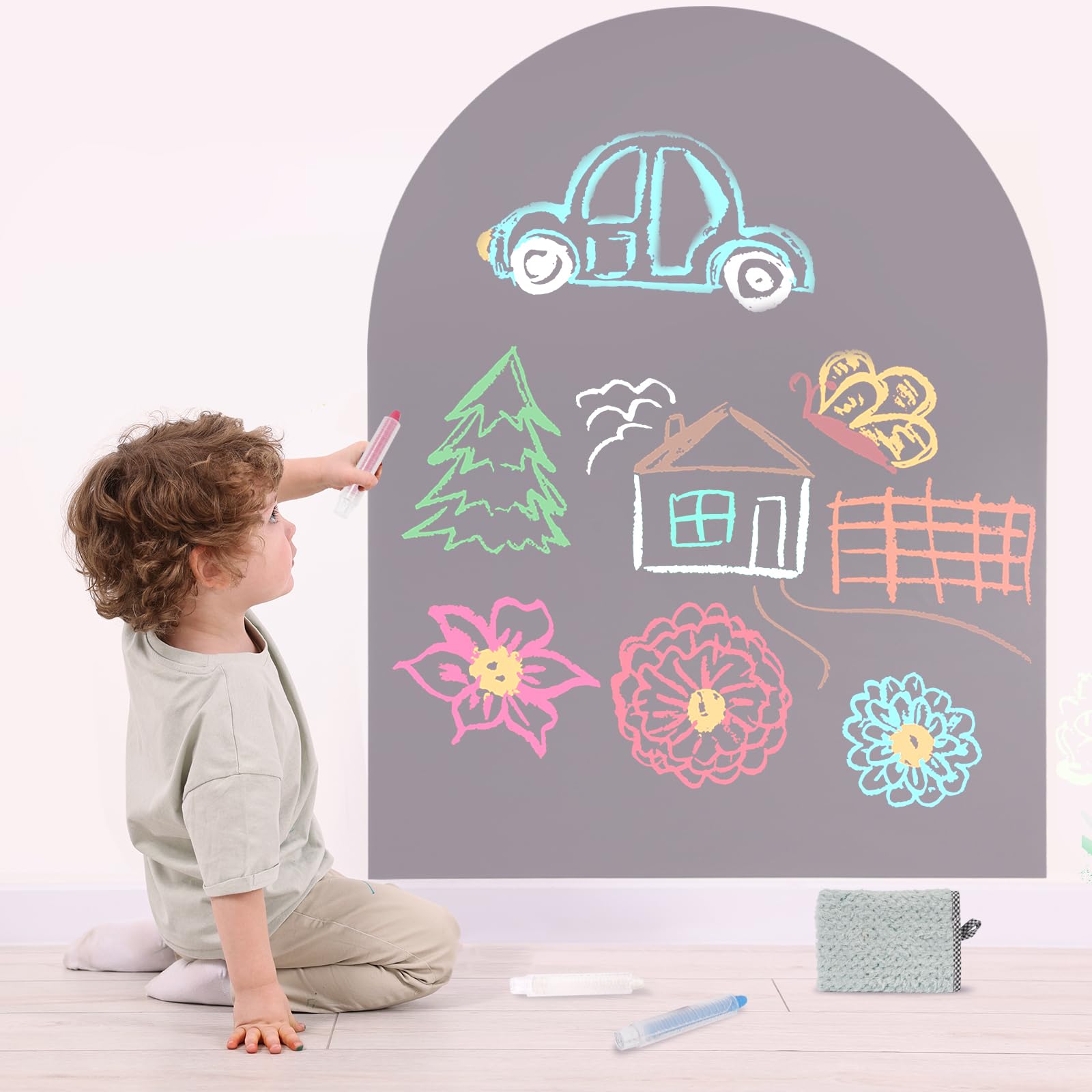 Lavagna Magnetica da Parete : Lavagna Adesiva Arco 80×100 cm Lavagna Cancellabile per Bambini | Inclusi 3 Gesso Senza Polvere, 1 Pannello, Foglio Adesivo per Uffici, Sale Giochi （Grigio Chiaro）