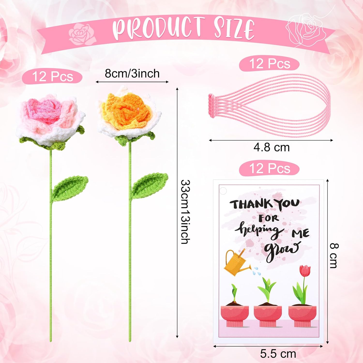 12 Set Teacher Appreciation Gifts Crochet Flowers with Thank You for Helping Us Grow Cards Crochet Rose Flowers Bouquet Teacher Party Favors Handmade Gifts for Women Men Coworker Mentors