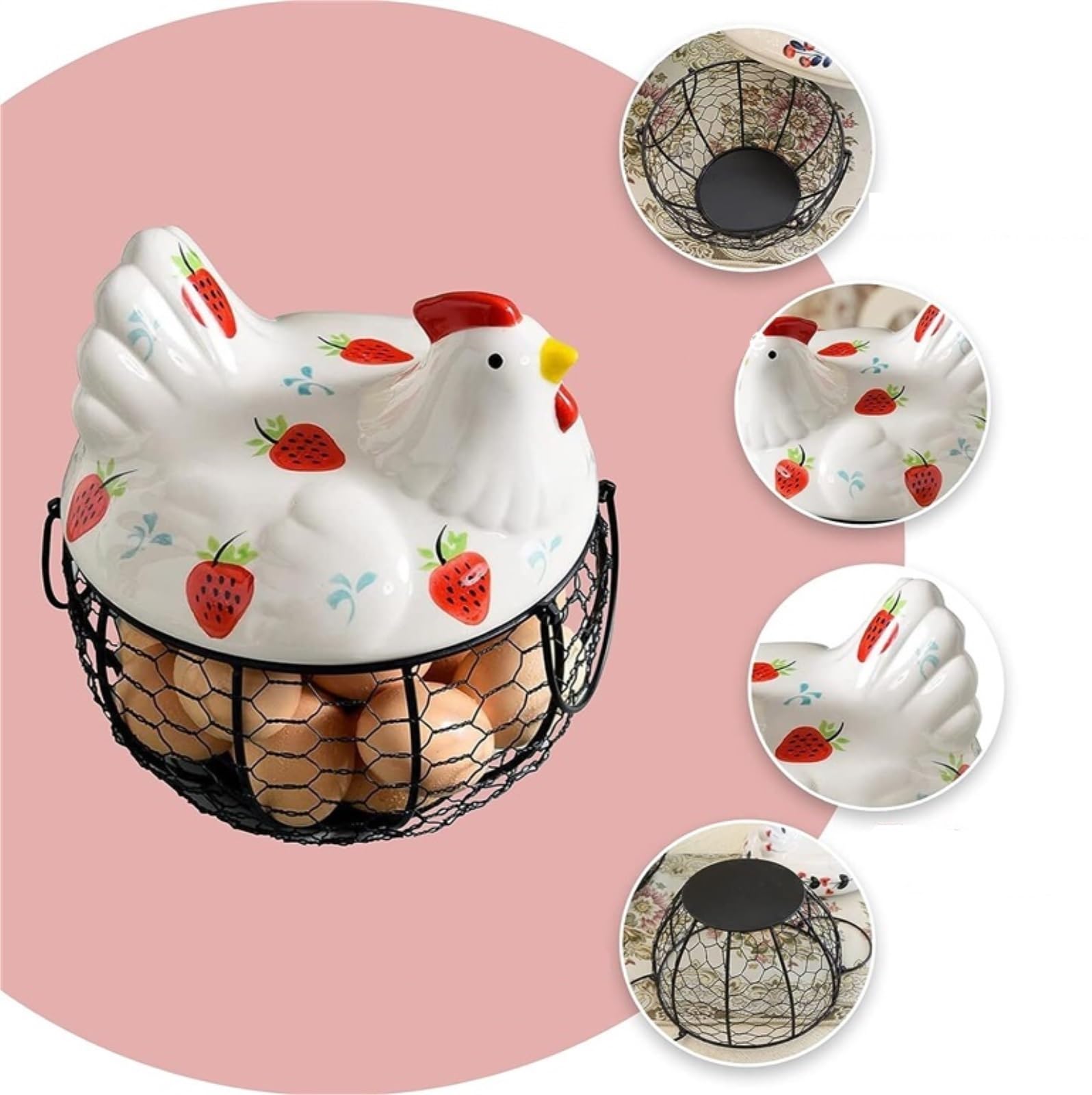 koszyczki na jajka z drutu, Kosz na jajka z ceramicznym wzorem truskawkowym do przechowywania w kuchni 7,67 x 8,85 cala