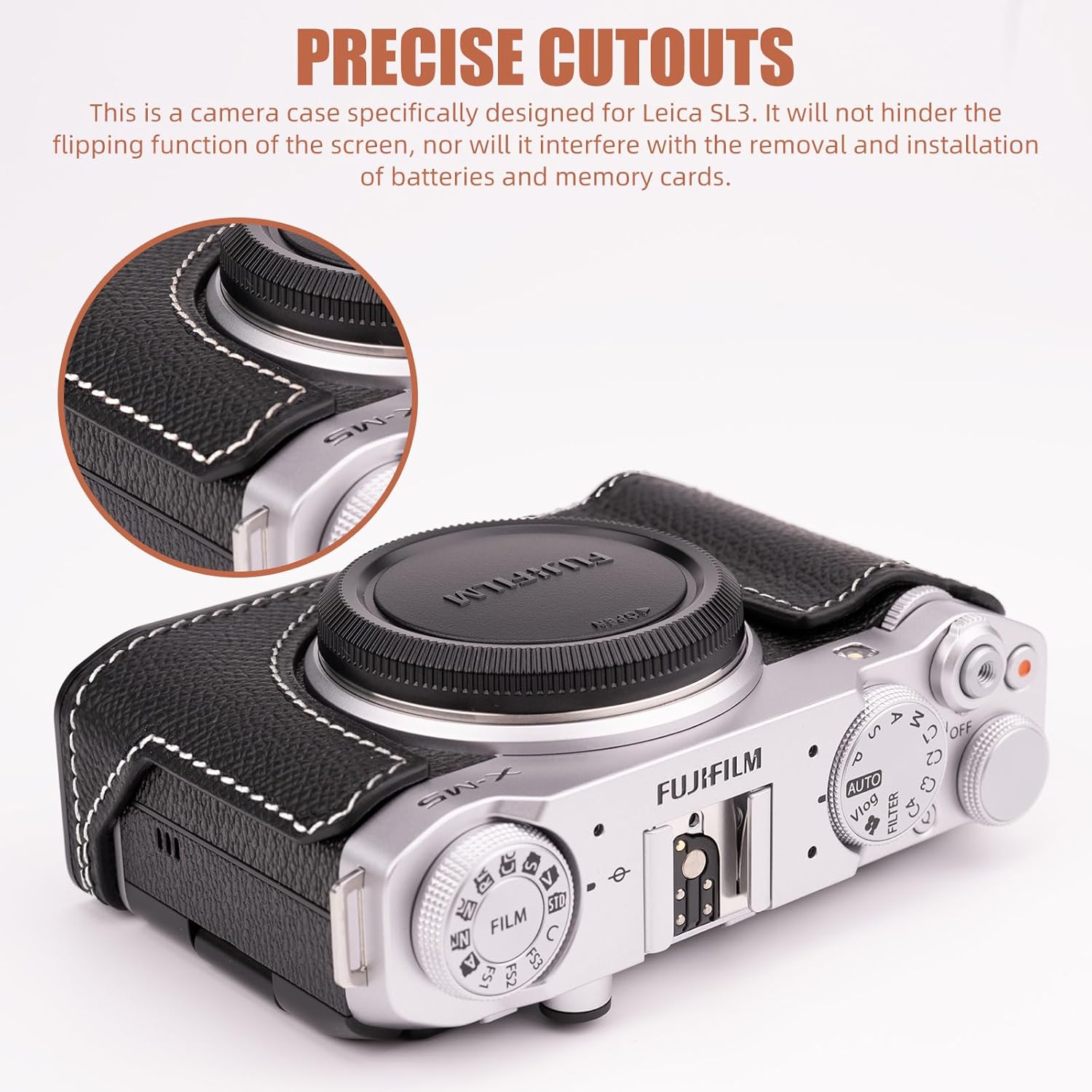 Handmade Genuine Leather Camera Half Case for Fujifilm X-M5/Fujifilm X-M5 Case - Top Layer Cowhide Body + Metal Base Plate (Black)