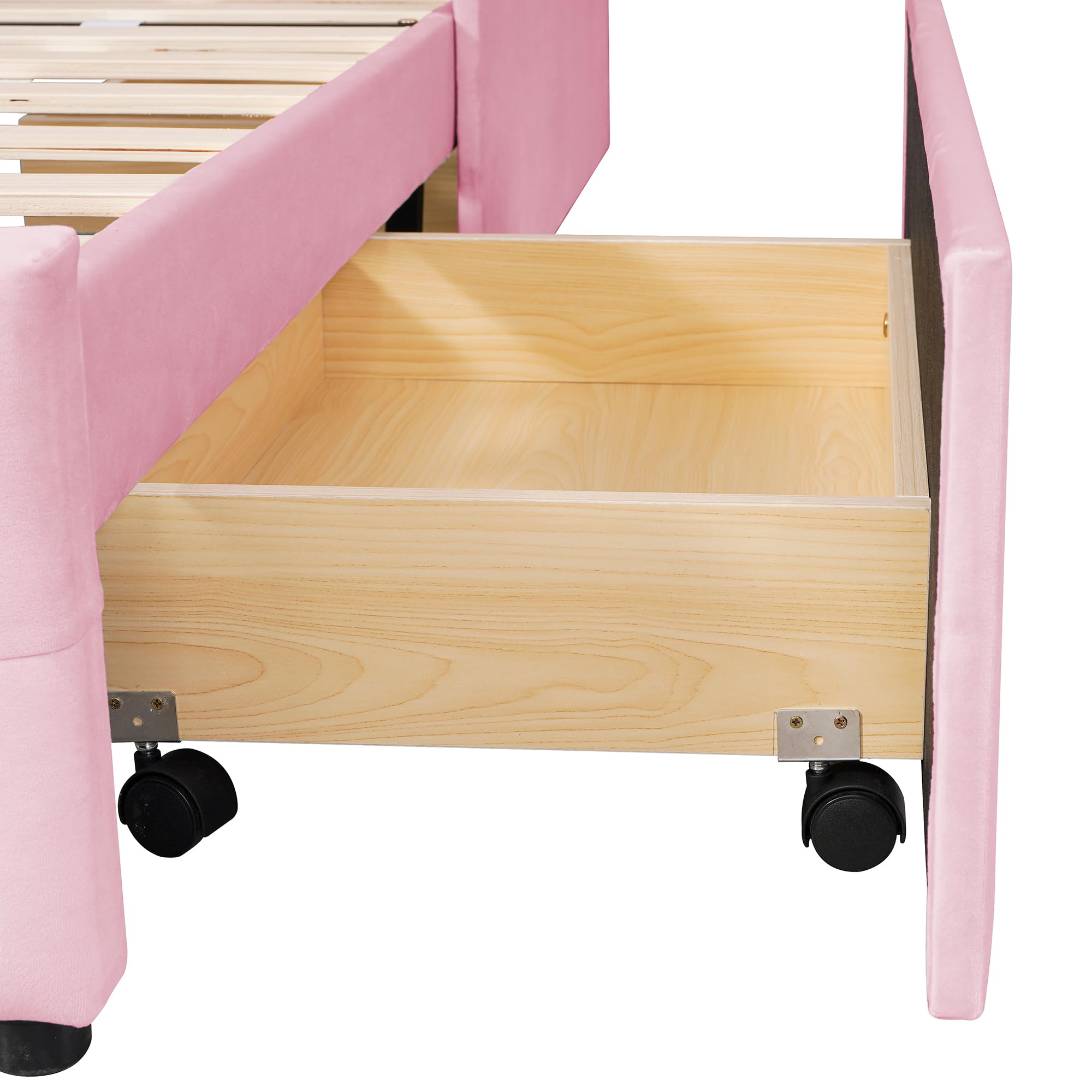 Merax Polsterbett Einzelbett mit 2 Schublade, Bett mit Lattenrost und Rückenlehne, Samtstoff, Kinderbett Jugendbett Gästebett, Stauraumbett, Schlafzimmermöbel, ohne Matratze, 90 x 200 cm, Rosa