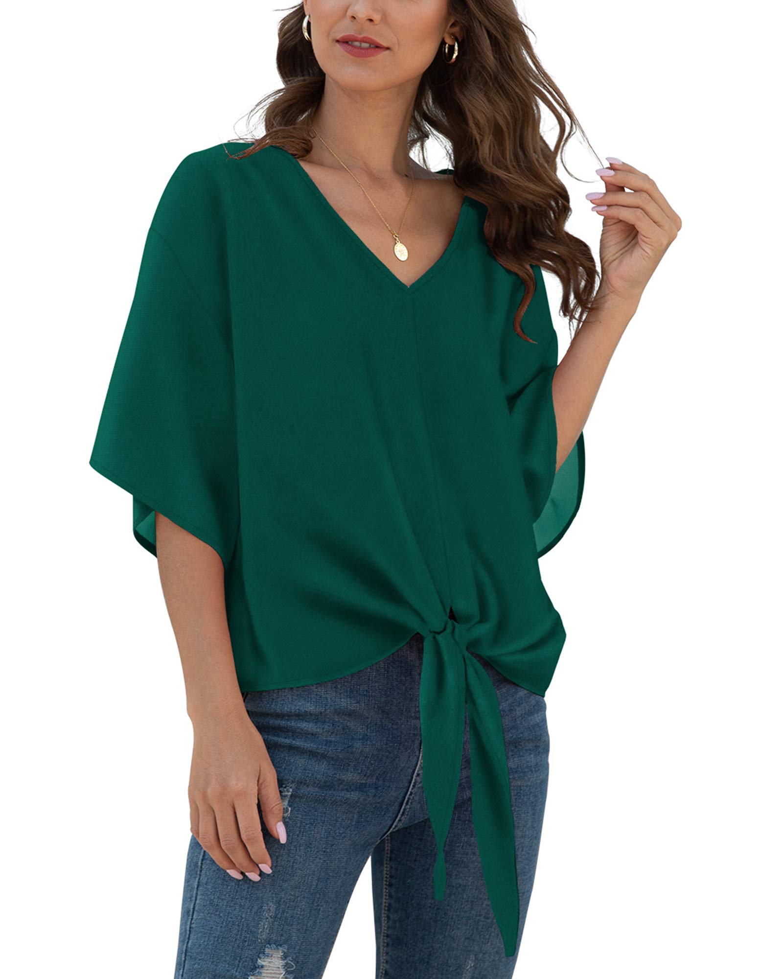 VIISHOW Womens Tie Front Chiffon Blouses V Neck Batwing Short Sleeve Summer Tops Shirts