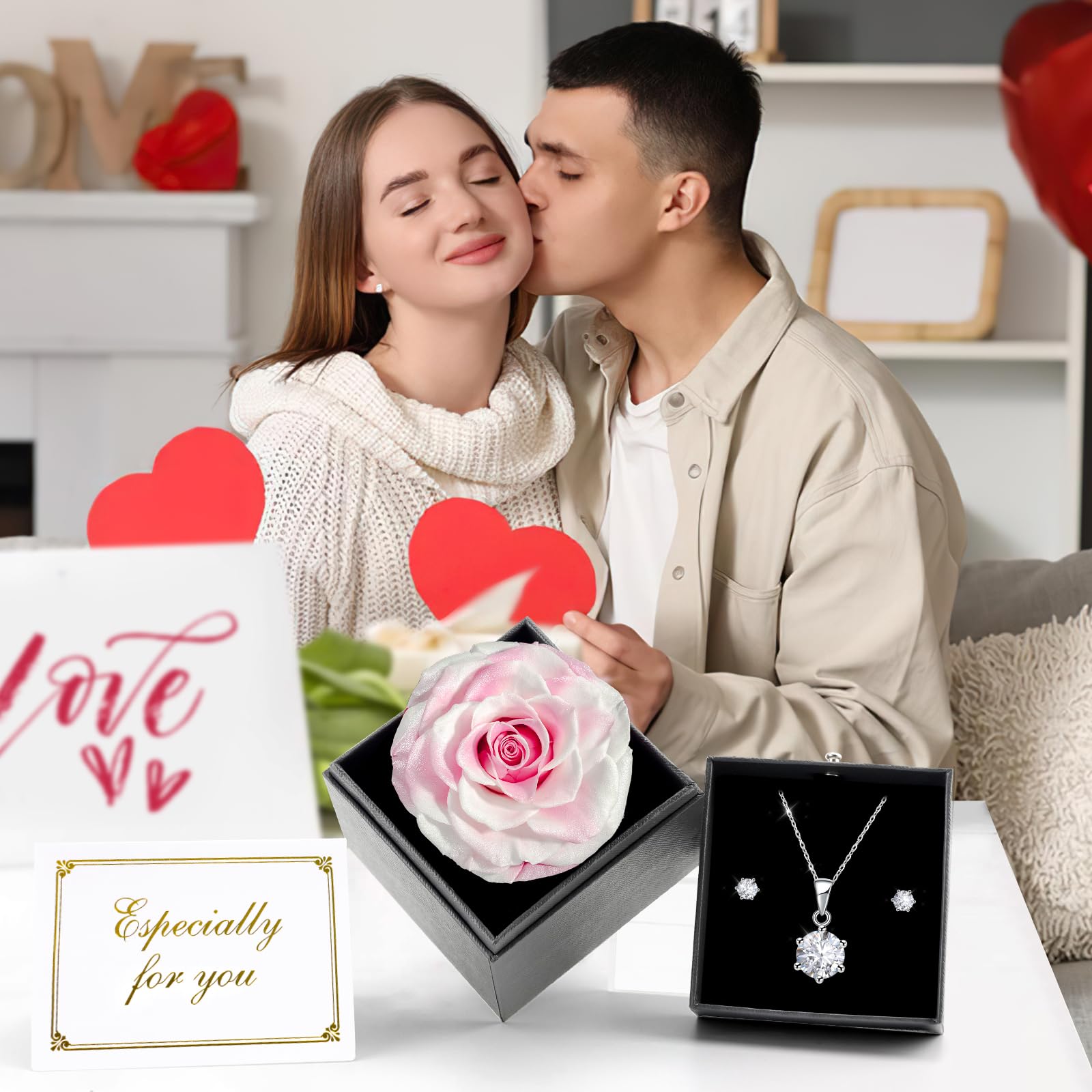 Miofula Rosa Stabilizzata Regalo Donna, Rosa Eterna con Collana Donna Argento Orecchini Regali Mamma Compleanno Festa della Mamma, Fiori Scatola Regalo San Valentino Anniversario per Lei Fidanzata