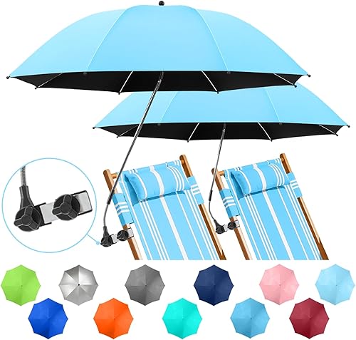 Paquete de 2 paraguas de playa con abrazadera, paraguas ajustable de 360 para silla, paraguas UPF50+ para silla de playa, silla de patio, silla de
