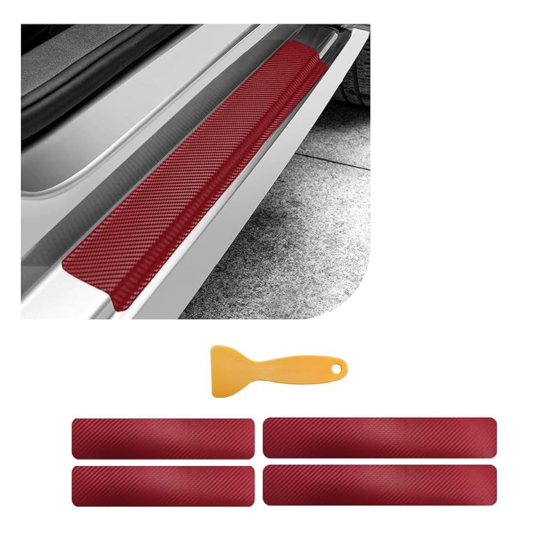 Kit com 4 protetores de soleira para carro Dickno, acabamento 3D em fibra de carbono, PVC, vermelho