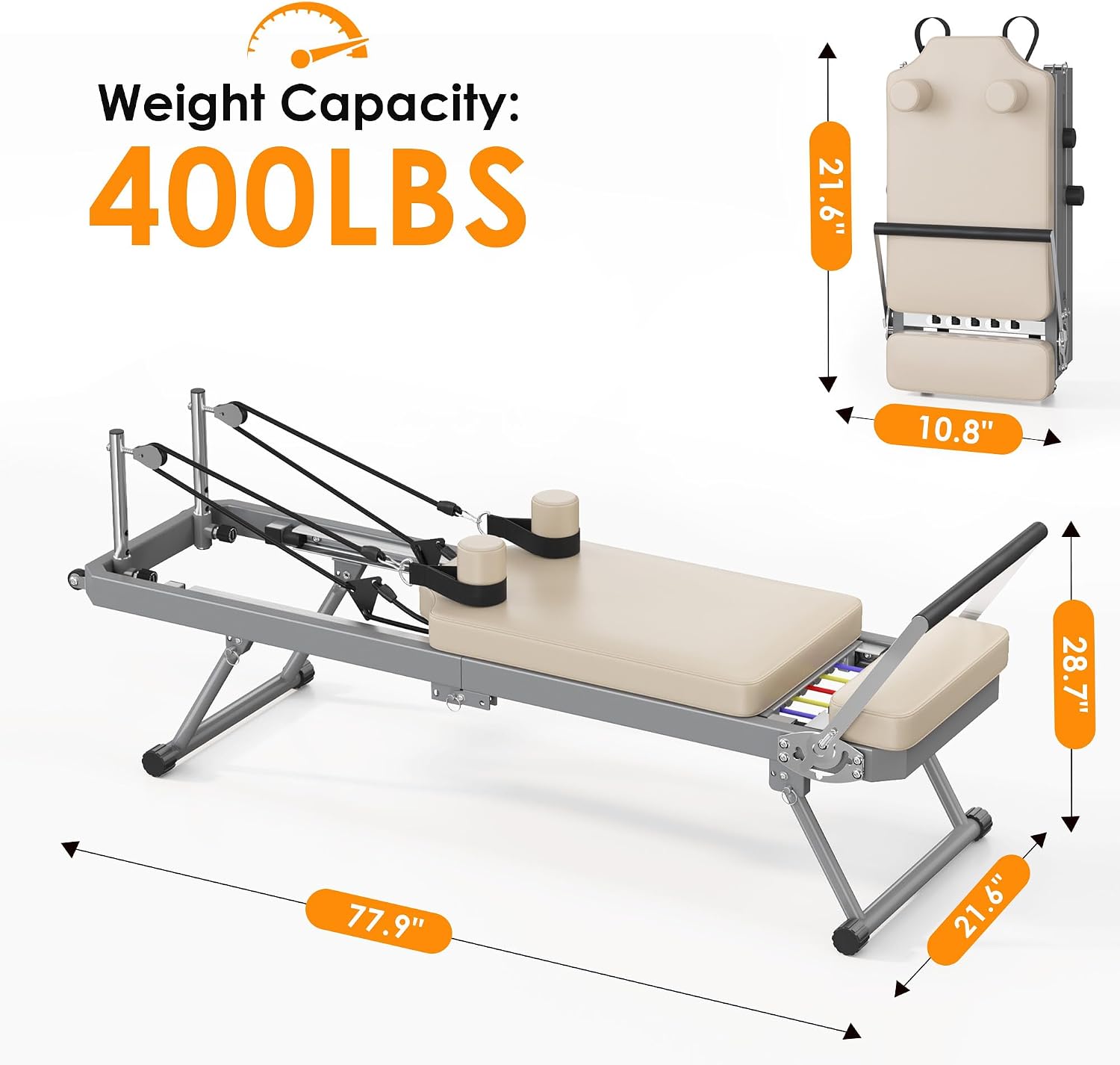 SogesPower 78" Pilates Reformer Machine for Home Gym Workout, Foldable Pilates Equipment with Springs and Cords for Dual Resistance, 400 LBS Beige