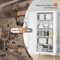 Vista 7 de Yizosh Armario de almacenamiento de metal con 2 puertas y 4 estantes ajustables, 61 pulgadas, color blanco, despensa de cocina, 5 niveles de alto
