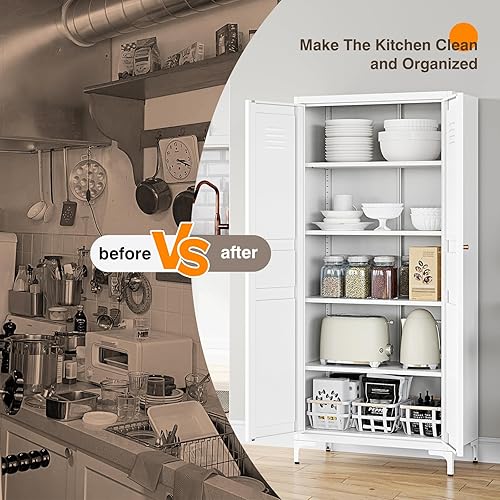 Miniatura 7 de Yizosh Armario de almacenamiento de metal con 2 puertas y 4 estantes ajustables, 61 pulgadas, color blanco, despensa de cocina, 5 niveles de alto
