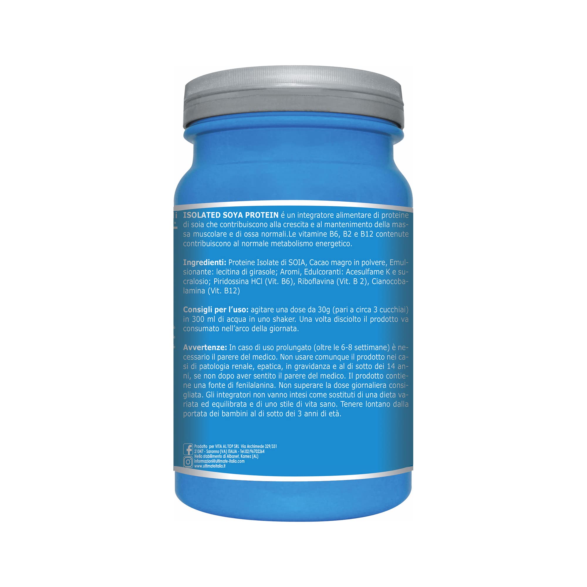 Ultimate Italia Isolated Soya Protein – Proteine Isolate della Soia - Bcaa, Arginina, Glutammina – Proteine 100% Vegetali – Ideale per Vegani e Intolleranti al Lattosio Gusto Cacao Cioccolato, 750 g
