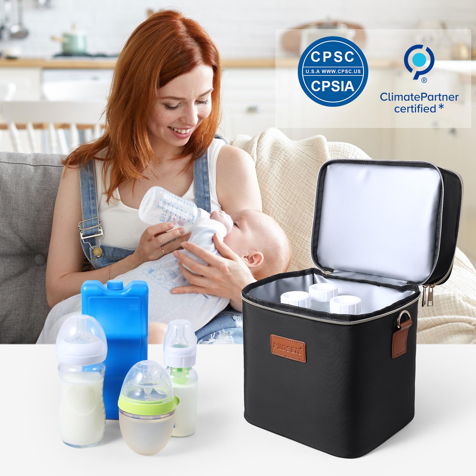 PIIOSER Sac isotherme pour lait maternel avec poche de glace pour 6 biberons jusqu'à 255 g, sac fourre-tout isotherme, double couche, étanche, étanche avec bandoulière pour allaiter et travailler la