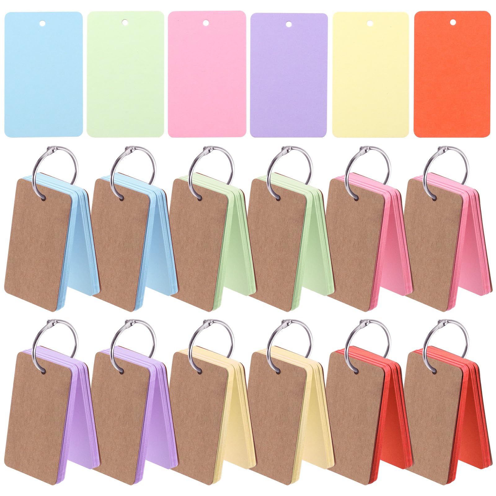 Rustark 600Pcs 2.2 x 3.5 Inches / 9 x 5.4cm 6 Colors Index Cards with Rings Blank Easy Flip Flash Card Study Note Cards Thick Memo Card for Office School Learning Memory