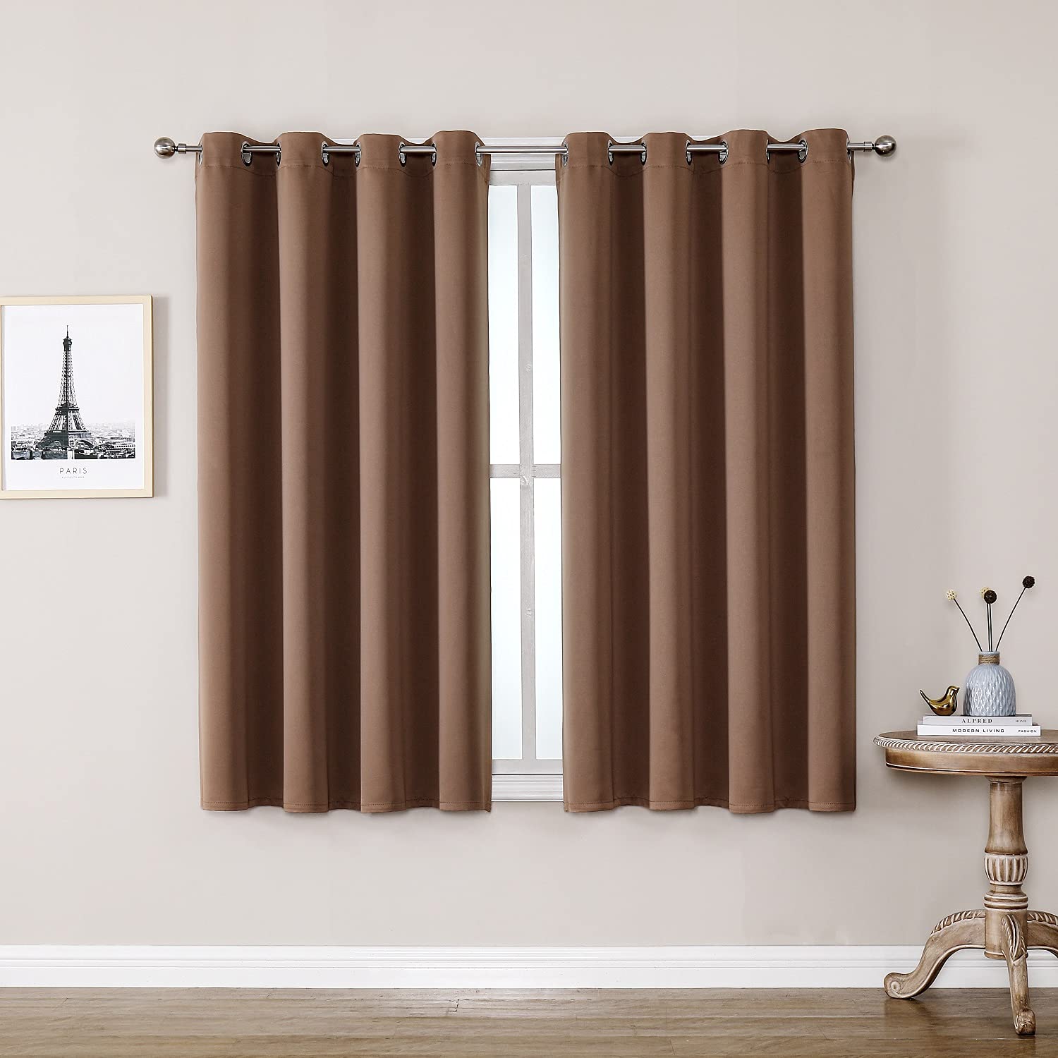 ChrisDowa Grommet Room Darkening Curtains for Bedroom and Living Room - 2 Panels Set Thermal Insulated Blackout Curtains (Cappuccino, 52W x 45L)