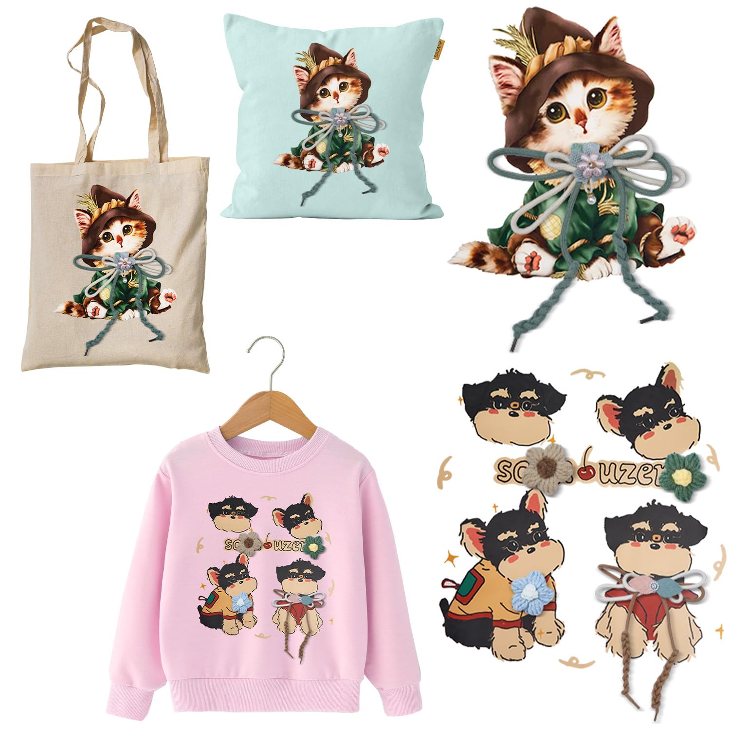 DTF Transfers Ready to Press for T Shirt, Iron on Transfers Clothing Bag Hat Pillow Craft Decorations, Cat DTF Transfer Film with Sewing Patterns Accessories,2Pcs