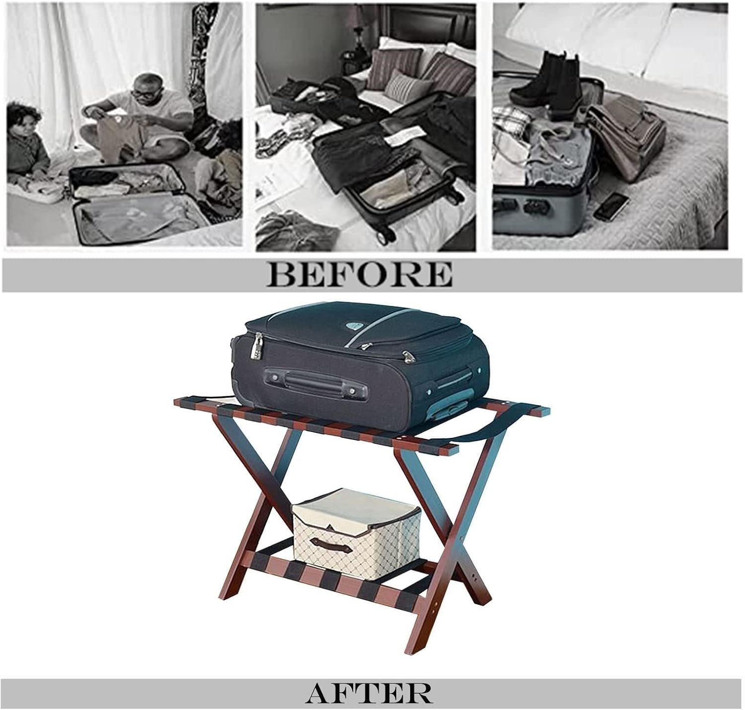 Luggage Rack 2-Pack Hotel Luggage Rack - Foldable Suitcase Stand, 2 Tier Hotel Solid Wood Storage Shelf, Travel Portable Portable Stool，Floor Storage Rack with Shoe Rack, for Hotel/Bedroom