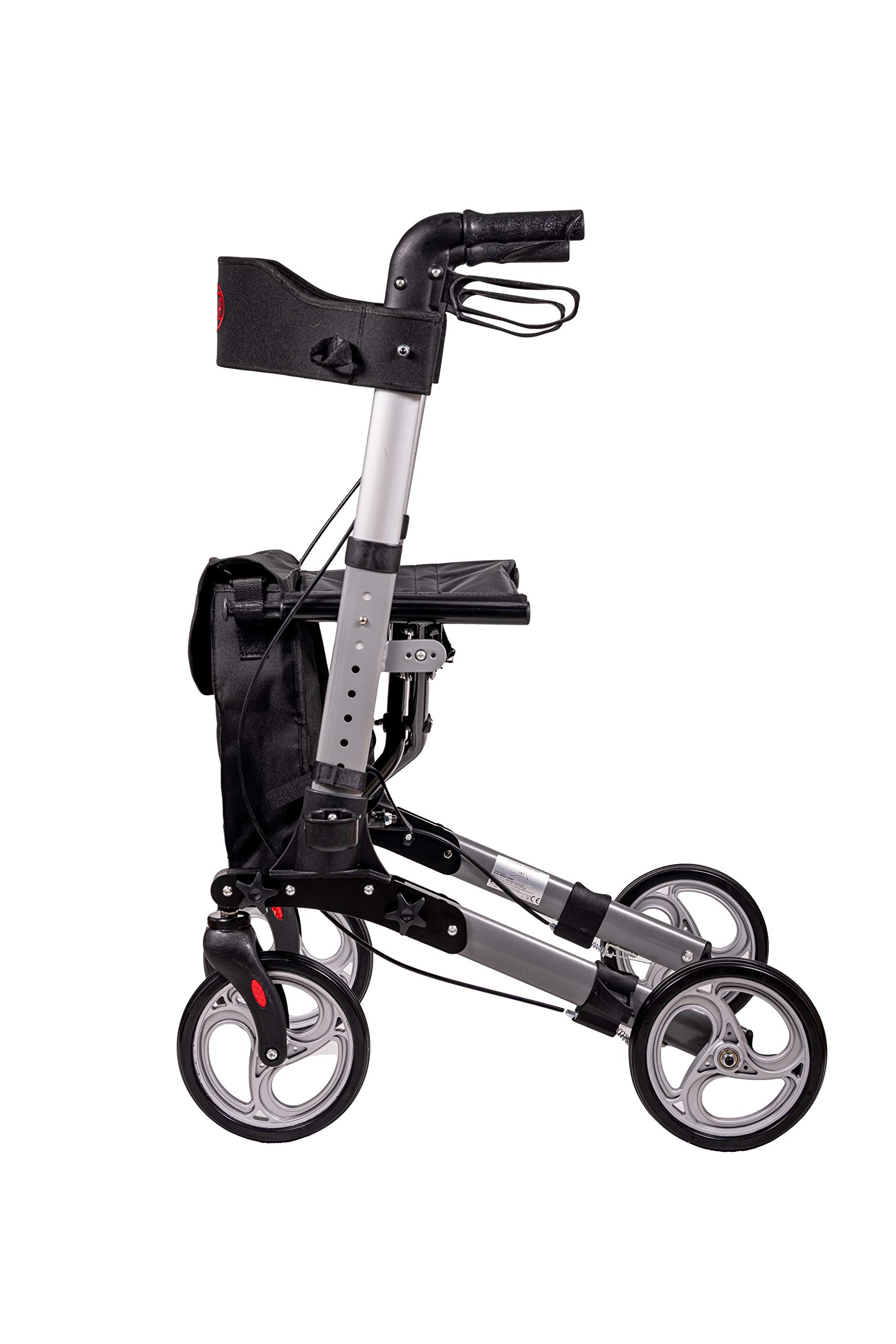 Antar 14949 Premium Aluminium-Rollator Set, Leichtgewicht-Reiserollator mit Vollausstattung, 3-fach faltbar für Kofferraum, Reise und Flug, Höhe verstellbar, Gurt, Stockhalter, silber