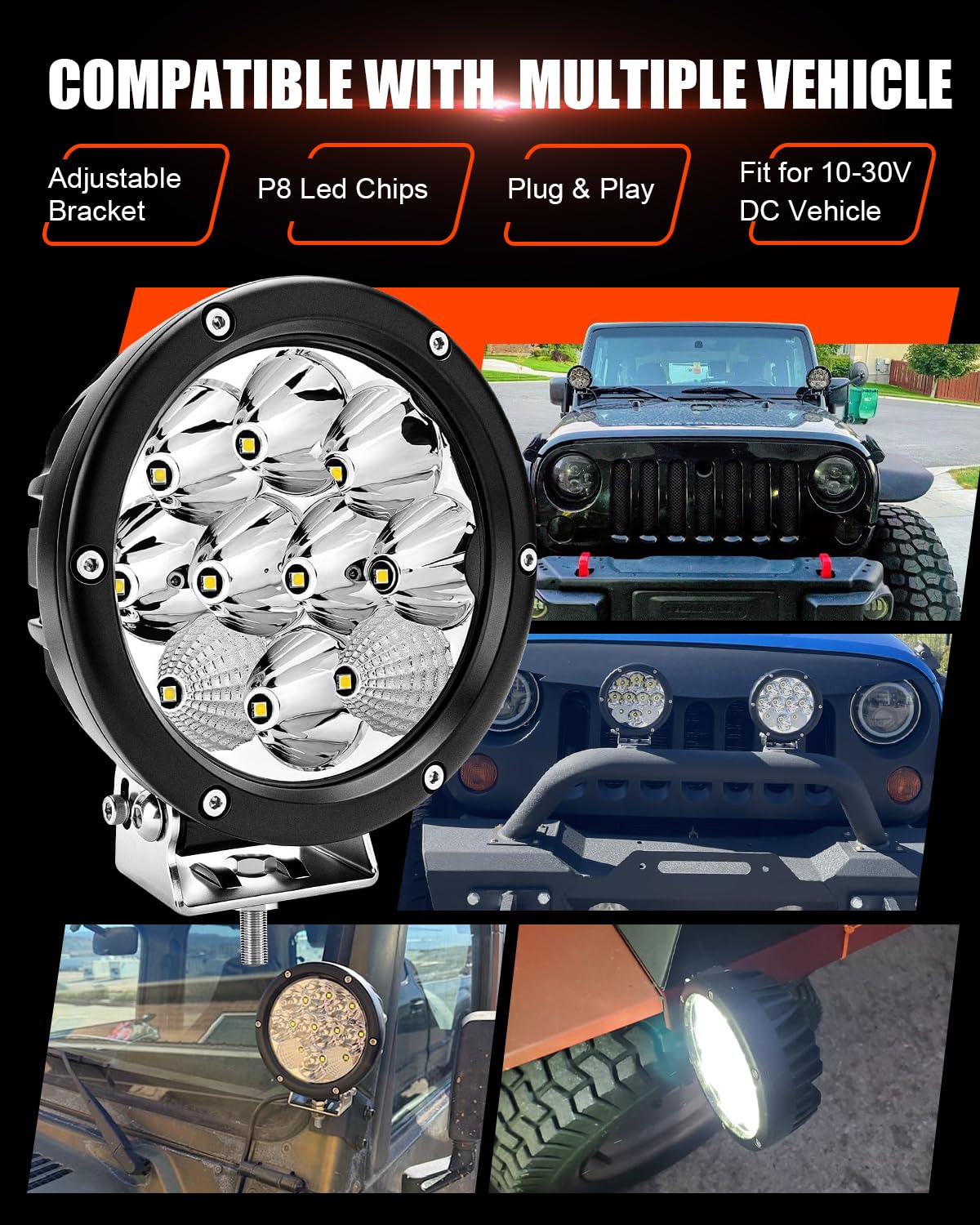 Chelhead Reflektor roboczy LED okrągły 50 W, 5,7 cala, 6500 lm, reflektor punktowy i floodowy, wodoodporny IP68, zestaw okablowania 1 mm², kompatybilny z 10-30 V DC quad SSV SUV pickup (biały)