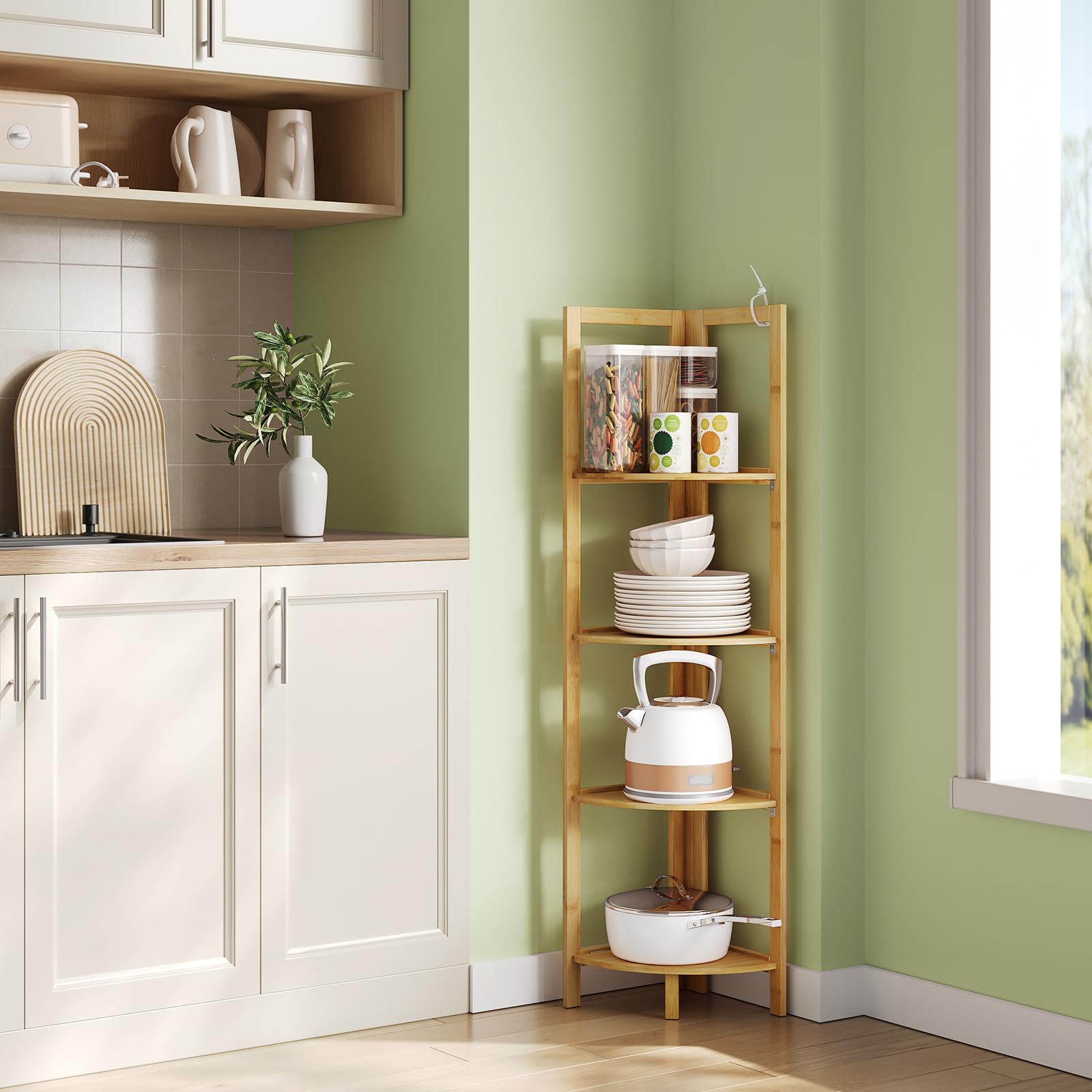 WOLTU Estantería Bambu de Baño de 4 Niveles, Estanteria Esquina Plegable de Almacenaje y Decoración Antihumedad y Transpirable, para Baño/Cocina/Salón, 27x27x120 cm