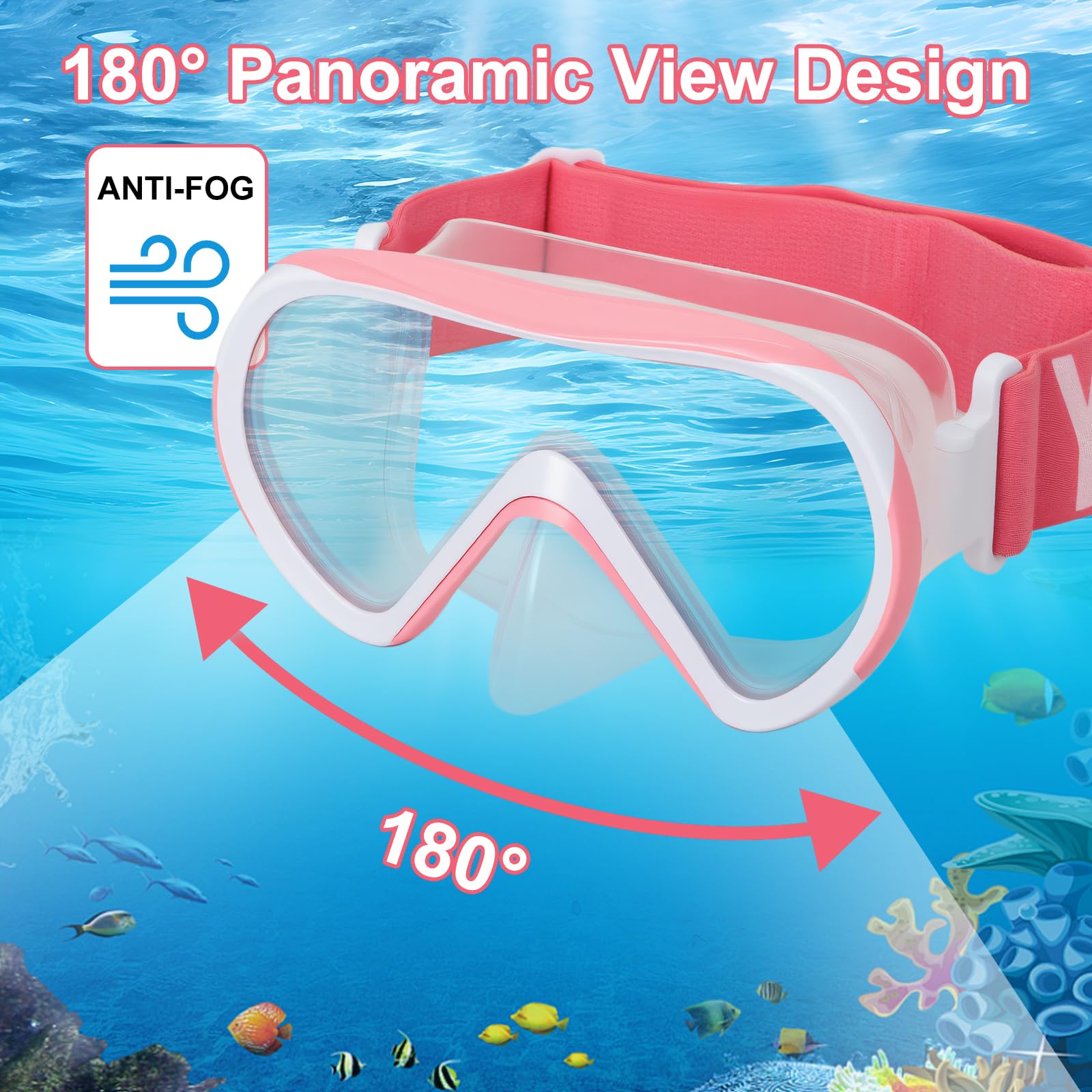Dziecięce okulary do nurkowania z paskiem z materiału, maska zapobiegająca wyciekaniu i elastycznym paskiem z materiału, panoramiczna maska HD 180°, ochrona przed zaparowaniem, maska do