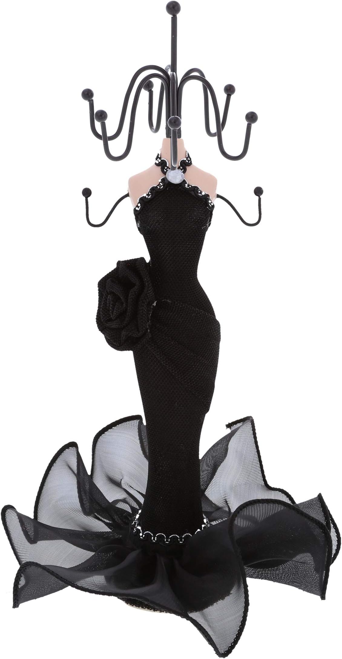 Mozlly Doll Jewelry Holder in Glitter Gown, 10 inch Fashionable Unique & Stylish Mannequin Stand, Metal Hanger Double Tier Organizer for Girls Women Hanging Tower Rack (Black Waist Flower)