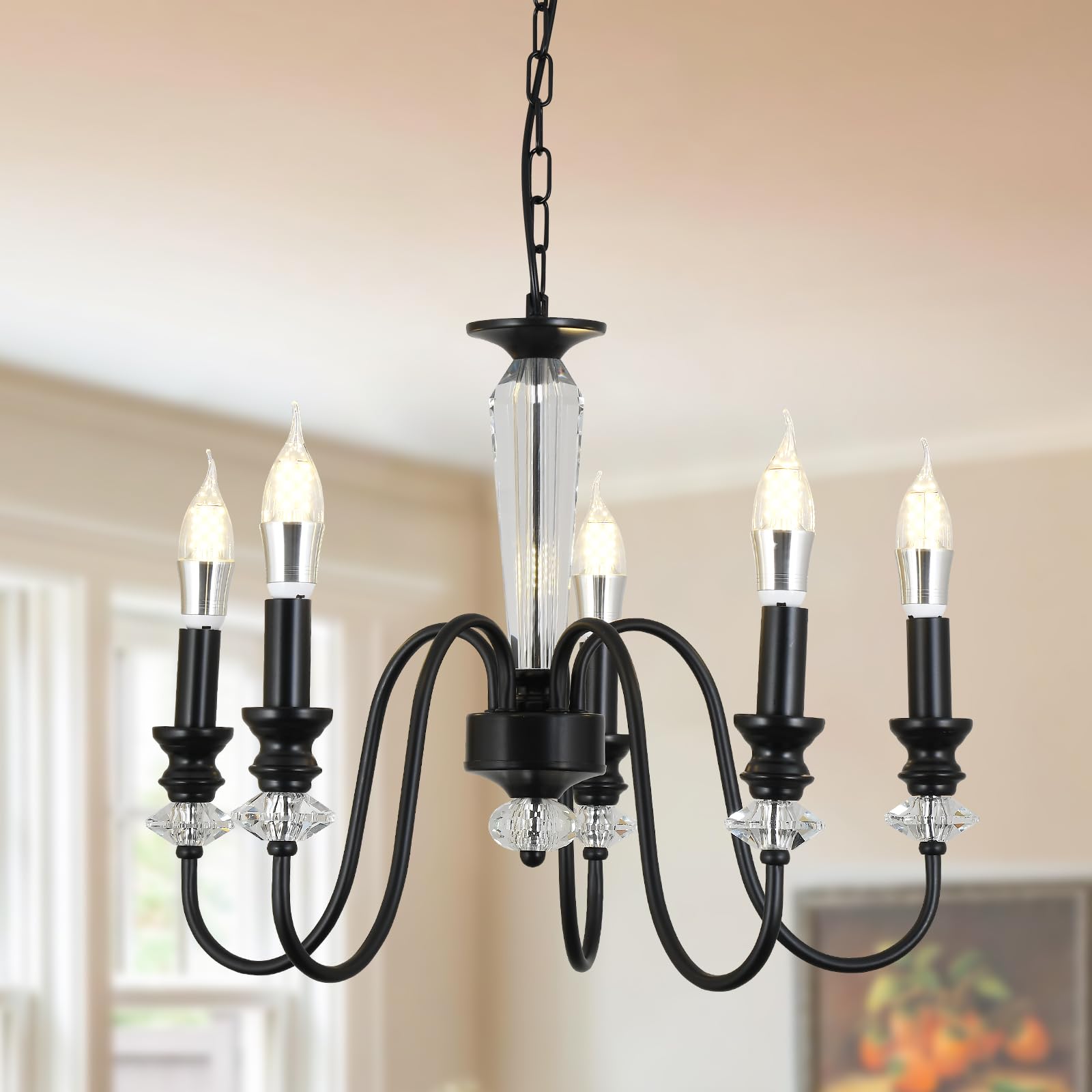 Black Chandelier, 5-Light Farmhouse Candle Chandelier for Living Room, Rustic Industrial Pendant Chandeliers for Dining Room, Vintage Crystal Hanging Light fixture for Hallway Kitchen Foyer E14