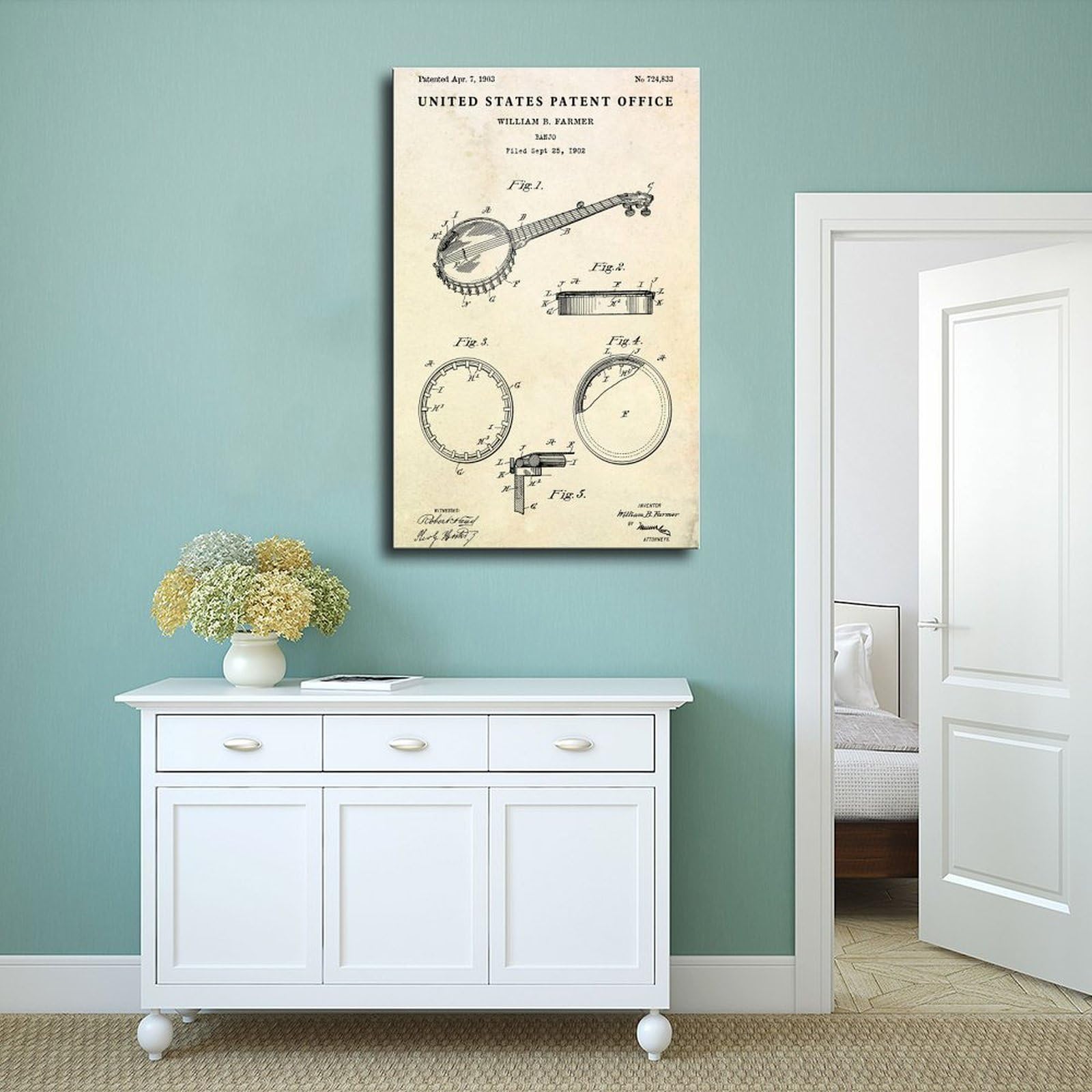 WLQZFRWV Banjo 1903 Brevetto Country Music Blueprint Poster su tela, decorazione artistica da parete per soggiorno, camera da letto, decorazione, 60 x 90 cm