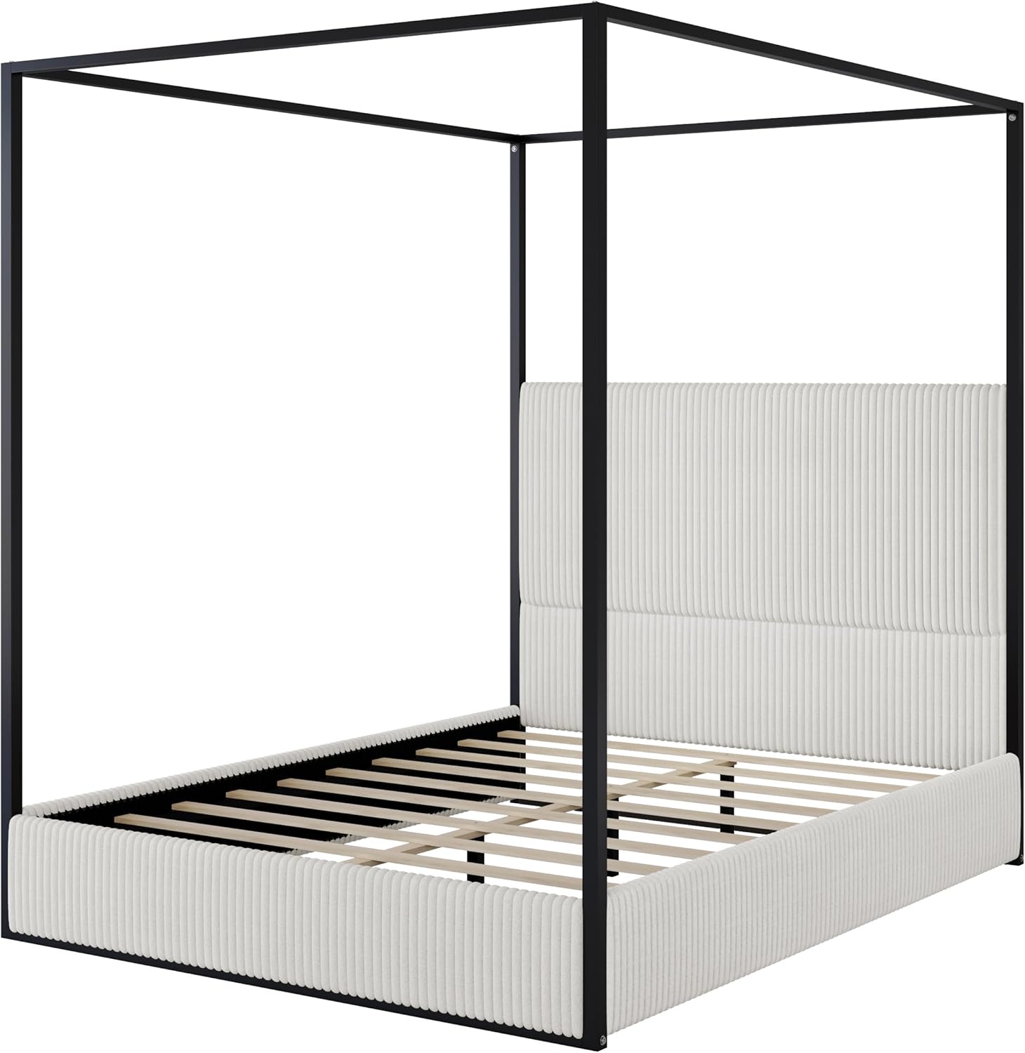 Metal Canopy Bed Frame Queen Size, Modern Four Posters Bed Frame with Tall Upholstered Headboard, No Box Spring Needed, Easy Assembly, White