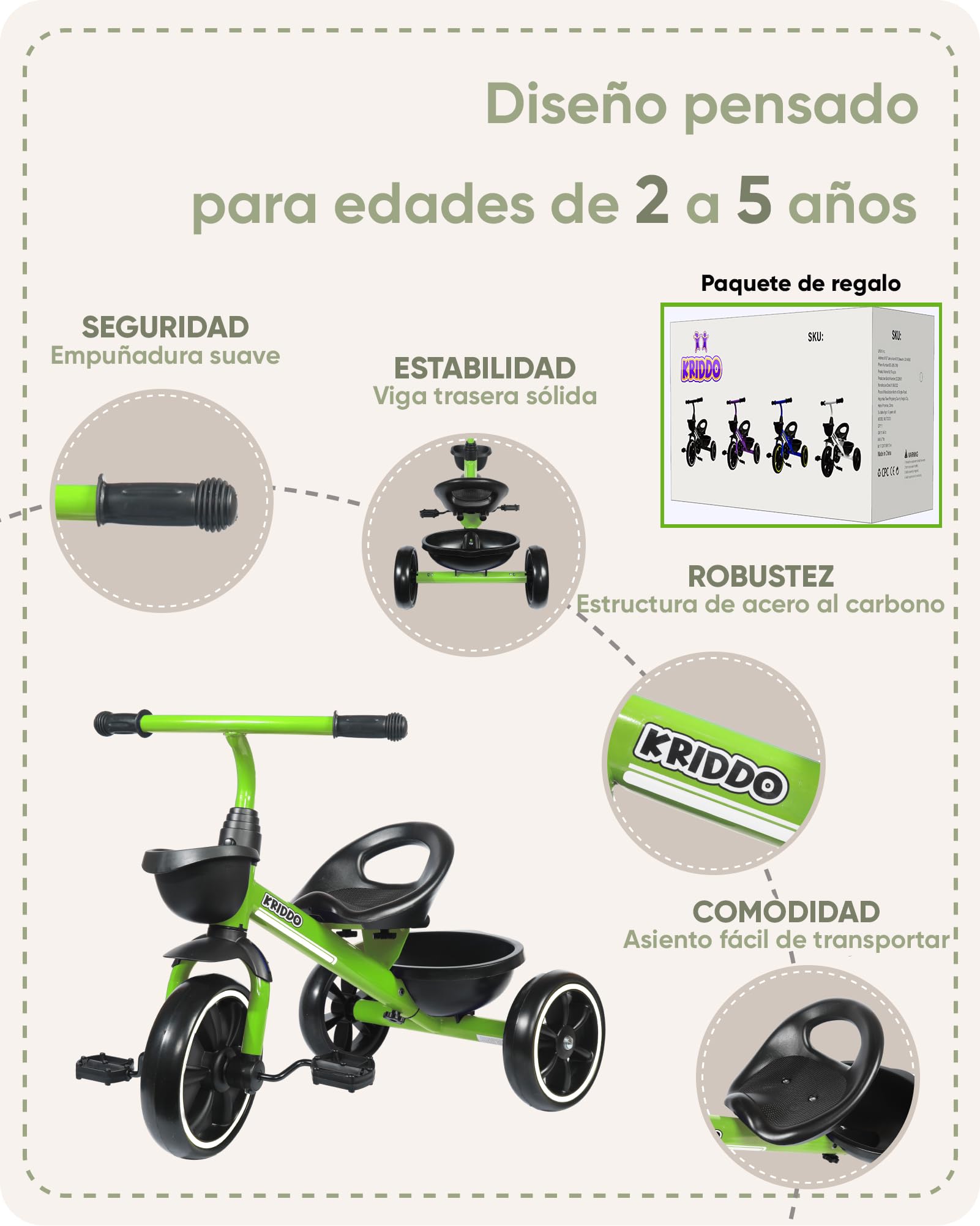 KRIDDO Triciclo Infantil para Niños de 2 a 5 Años, Triciclo para Niños y Niñas con Diseño Antivuelco, Asiento Ergonómico, Ruedas Silenciosas y Cesta, Regalo Infantil, Verde
