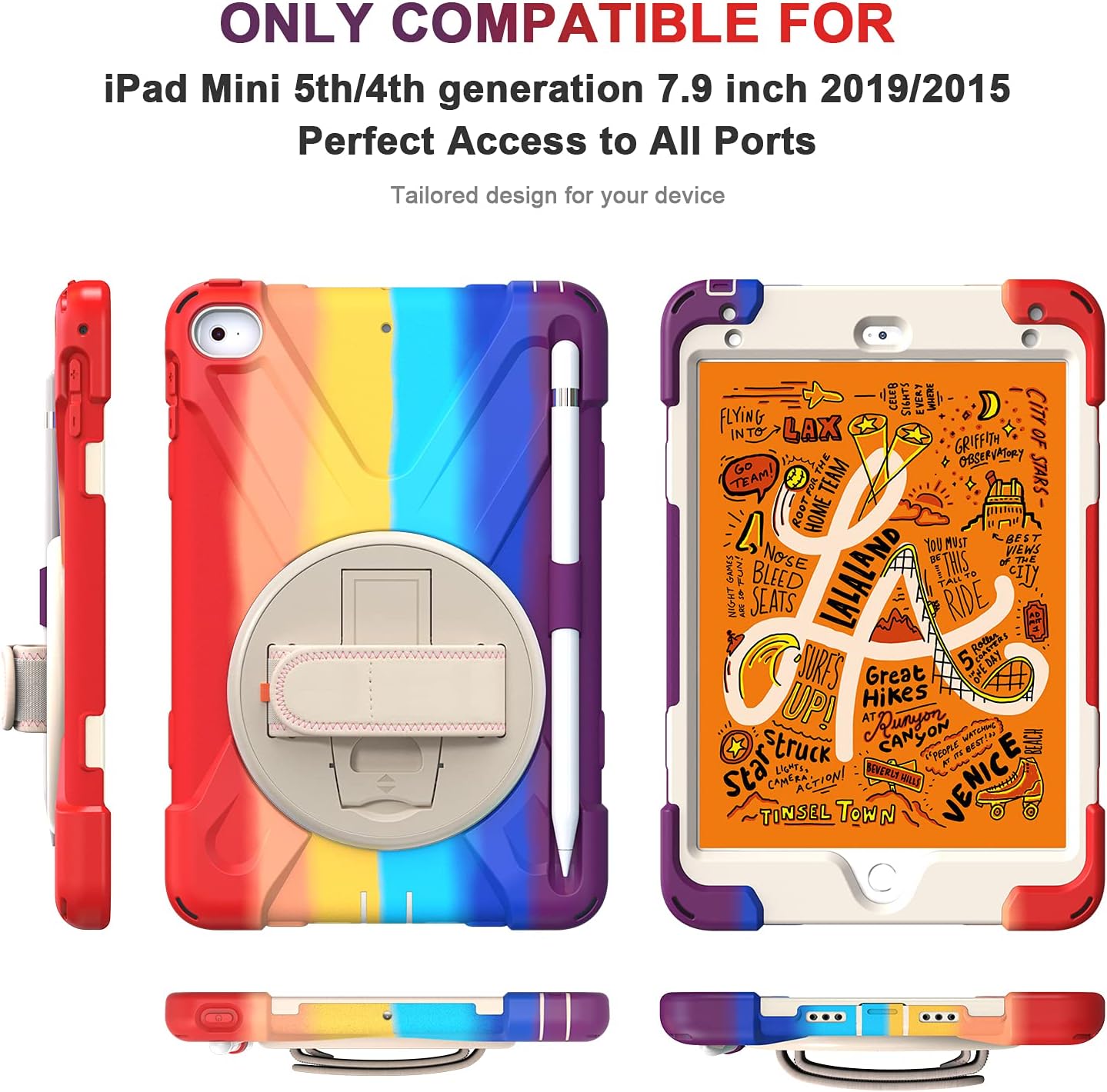 Gerutek iPad Mini 5th/4th Generation Case, 3-Layer Structure Heavy Shockproof iPad Mini 5/4 Case, iPad Mini Case 5th Generation with Rotatable Kickstand, Shoulder/Hand Strap, Colorful Red