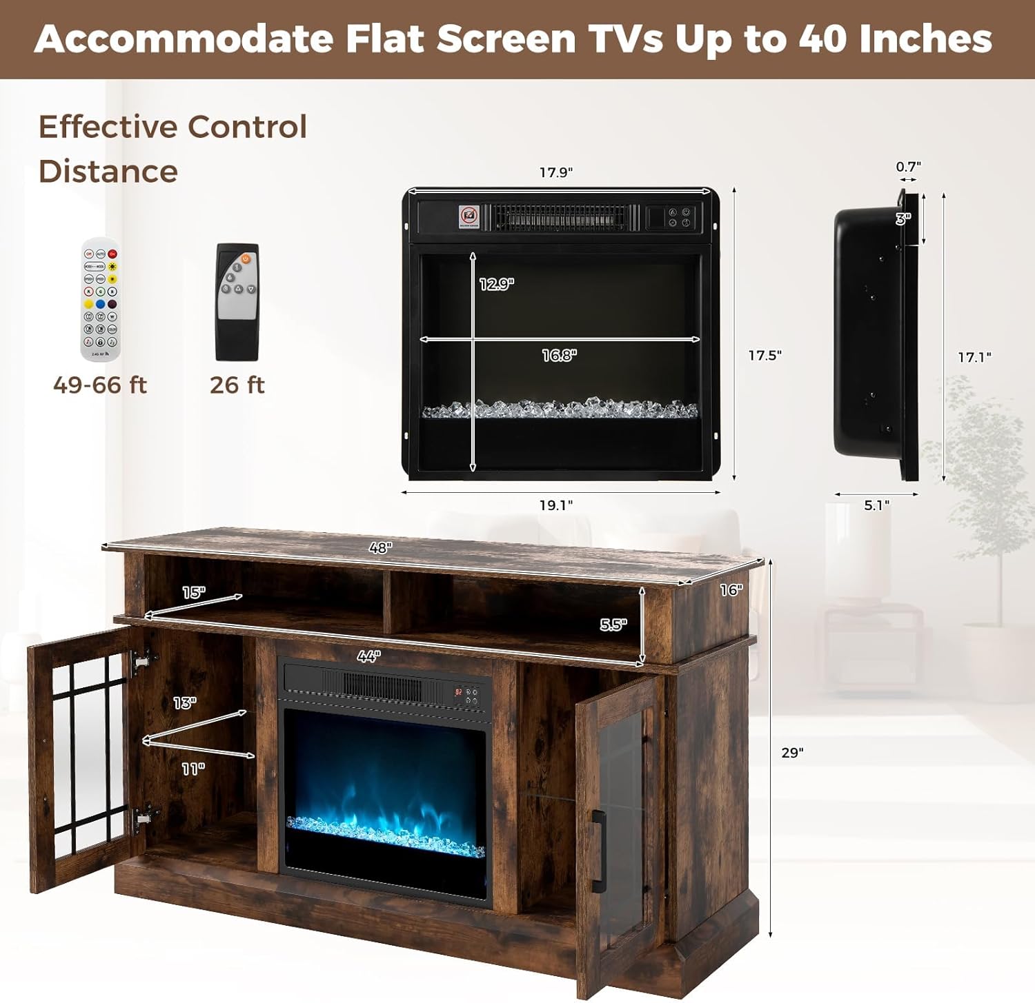Dimensions of the SIMOE Electric Fireplace TV Stand and its fireplace insert, along with remote control effective distances