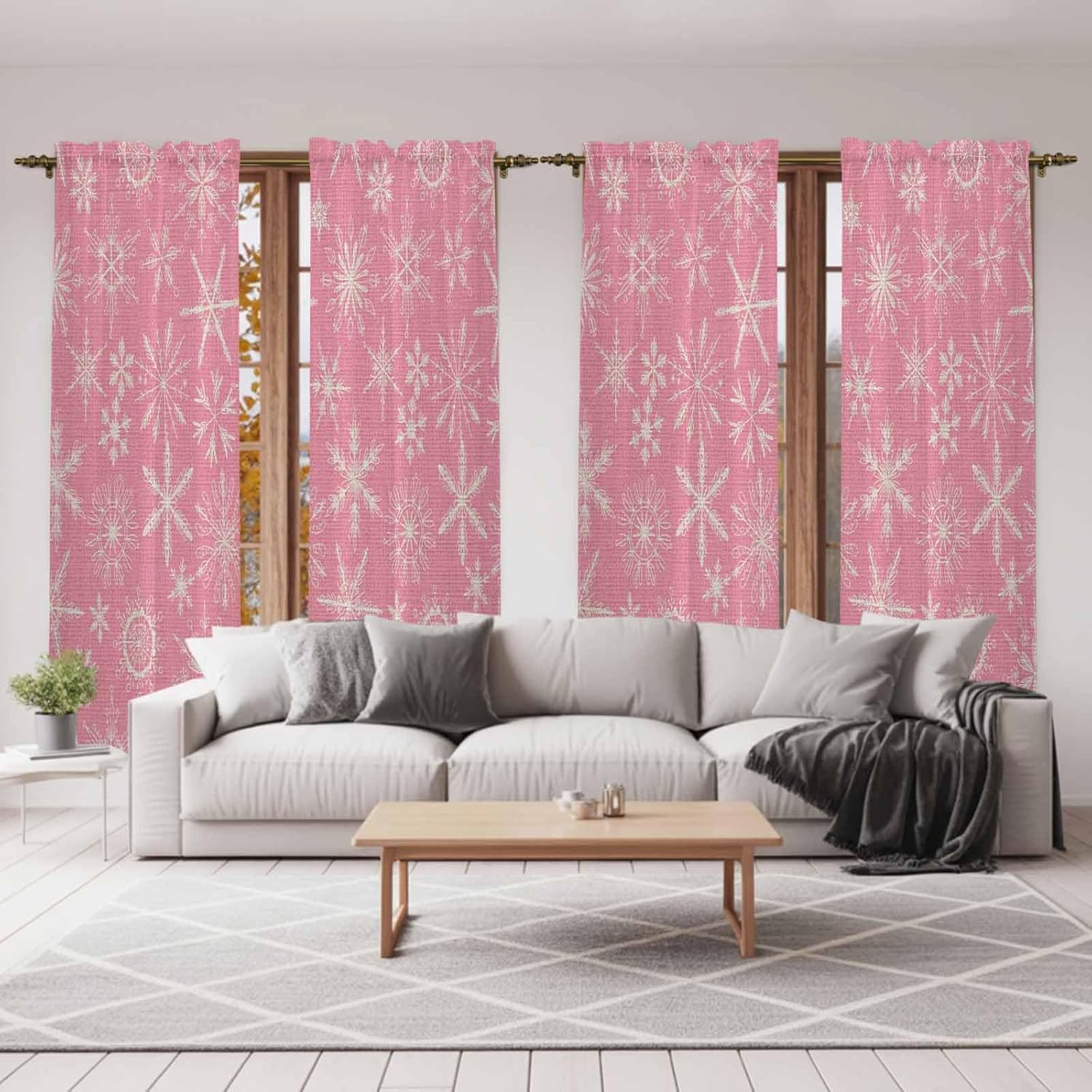 Pink Christmas Window Curtains 72 Inch Long 2 Panel Set, Rod Pocket Long Curtains & Drapes, Farmhouse Winter Xmas Beige Snowflakes Light Filtering Window Treatment for Bedroom Living Room 52"W x 72"L