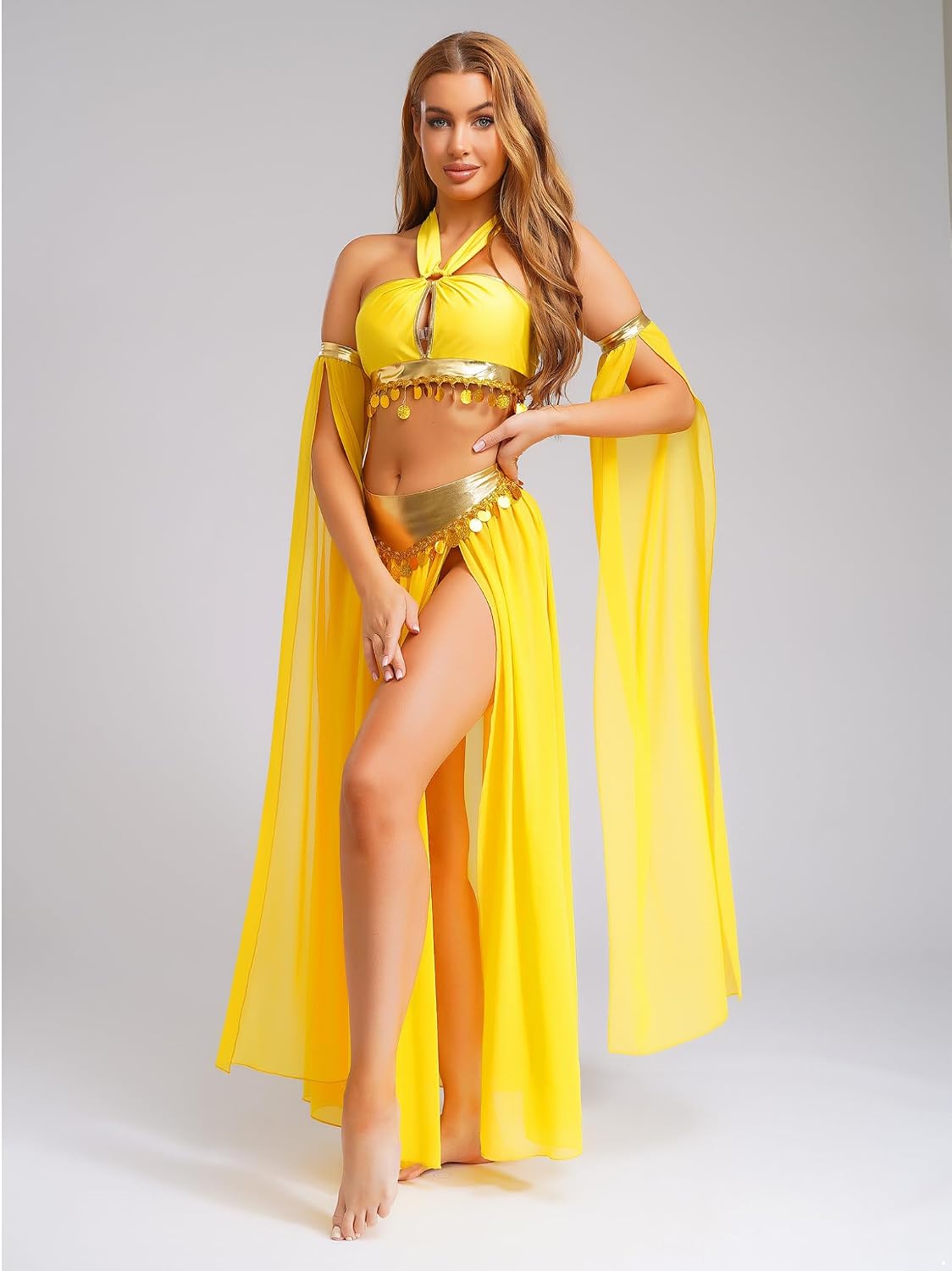 Womens Belly Dance Costume Set Halter Crop Top Chiffon Skirt with Removable Sleeves Carnival Outfit