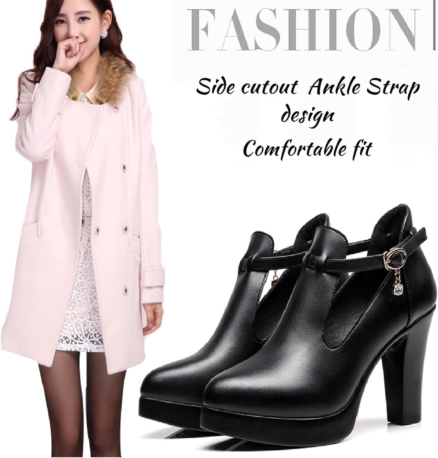 Womens Side Hollow Chunky Heel Pumps Sexy Pointed Toe Rhinestone Ankle Strap Breathable High Heel Dress Shoes Booties for Banquets Weddings, Shopping