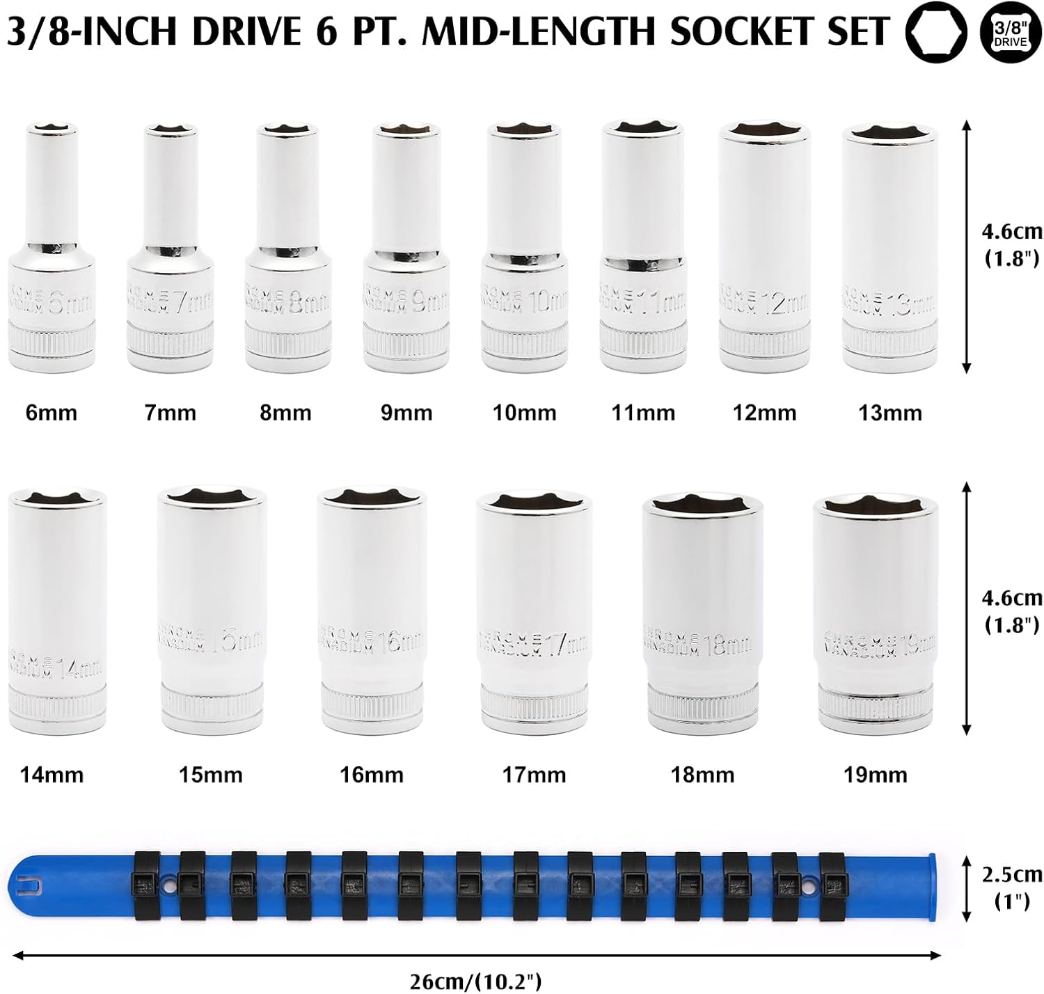 MIXPOWER 3/8" Drive Mid-Length Socket Set with Storage Rails, 14-Piece, 6 Point, 6-19mm, CR-V, Metric, Semi-Deep Socket Set
