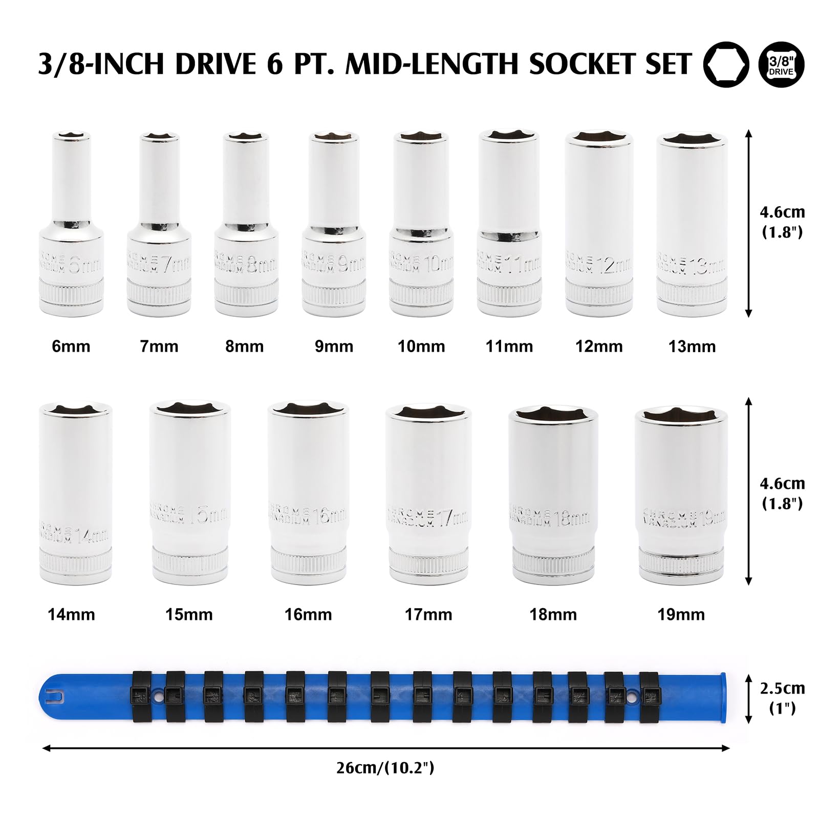 MIXPOWER Set di chiavi a bussola di media lunghezza da 3/8" con guide di stoccaggio, 14 pezzi, 6 punti, 6-19 mm, CR-V, metriche, set di chiavi a bussola semi-profonde