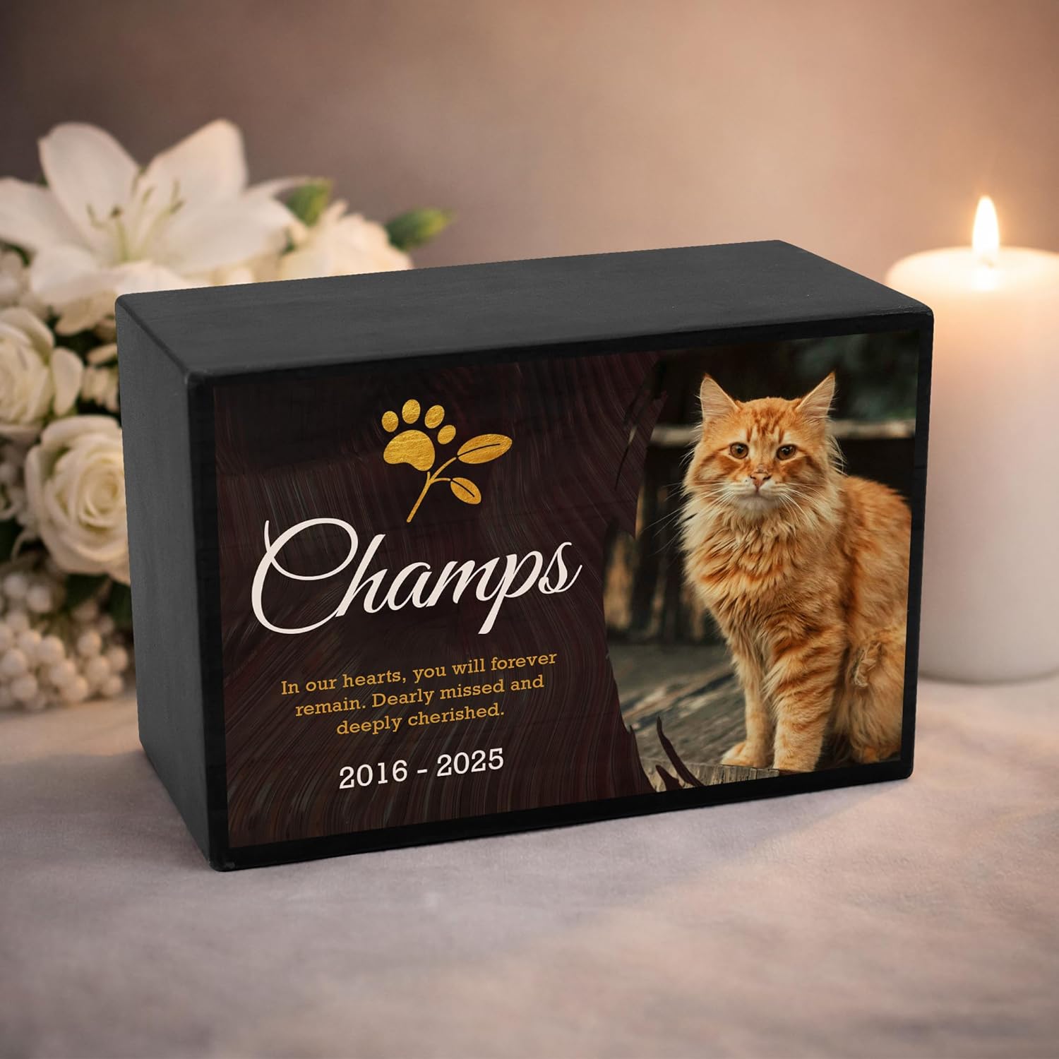 Personalized Wooden Urns for Cat Ashes - Custom Cremation Urn up to 30 lbs - Small Size Keepsake - Add Your Pet Photo and Text - Custom Burial Memorial - Blk (Design 3) - Image 7