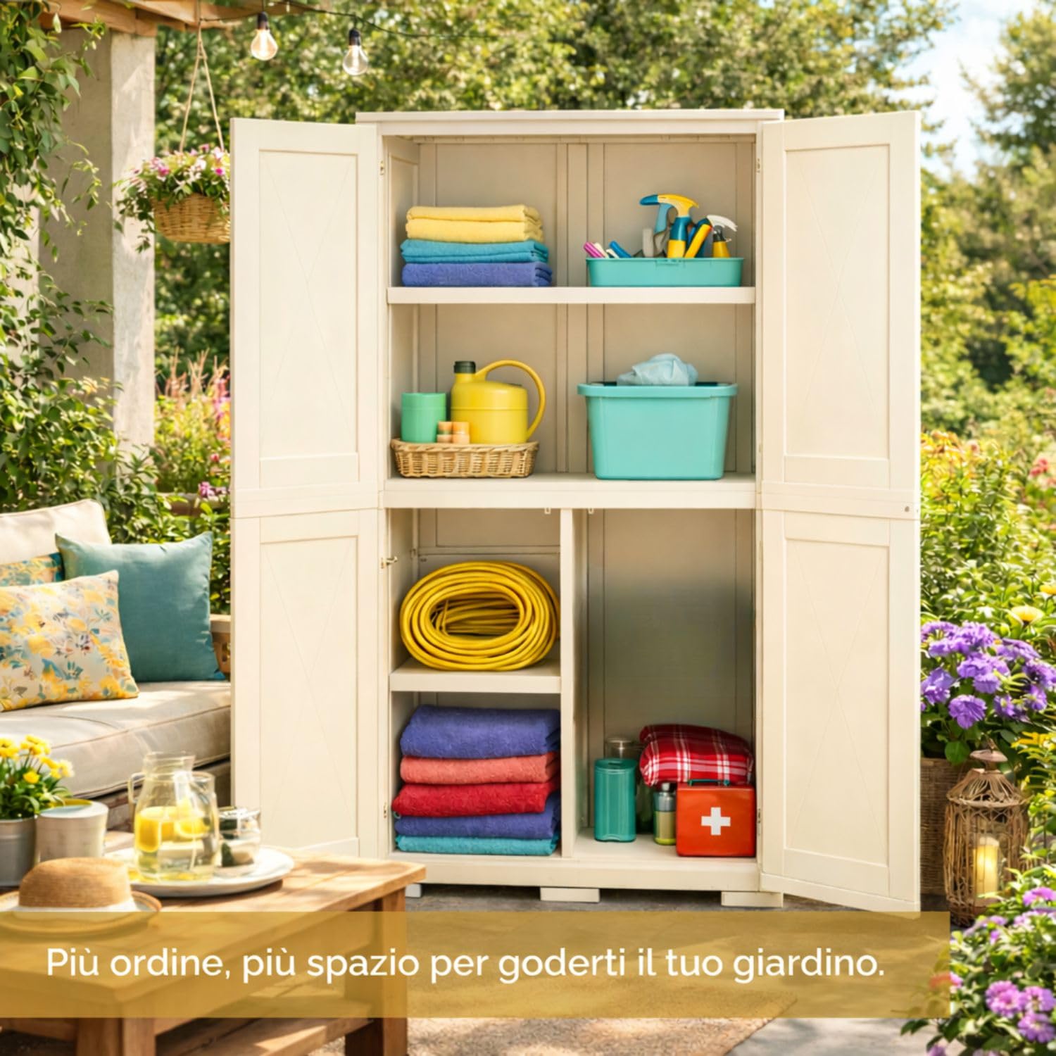Armadio Multiuso in Plastica 79x43x164 cm – Armadio Contenitore 2 Ante con 5 Vani Interni per Organizzazione Casa (Panna)