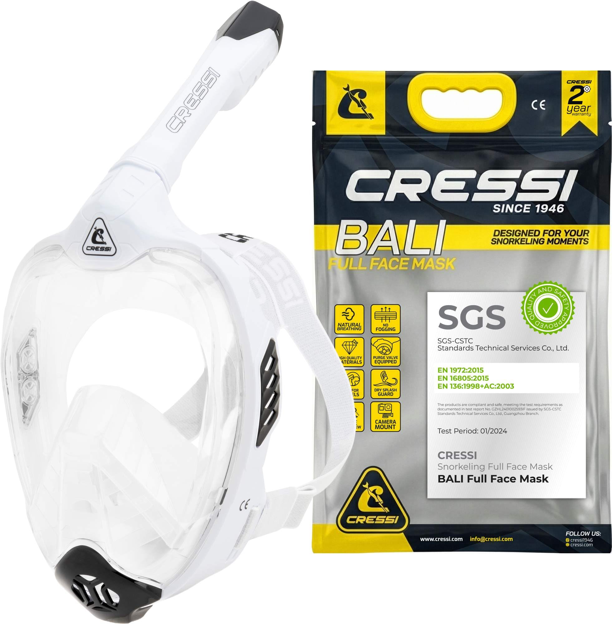 Cressi Bali Full Face Snorkel Mask - Panoramic Diving Mask - Dry-Top Snorkel Set for Adults - Leak-Free Scuba Equipment - White/Black - L-XL