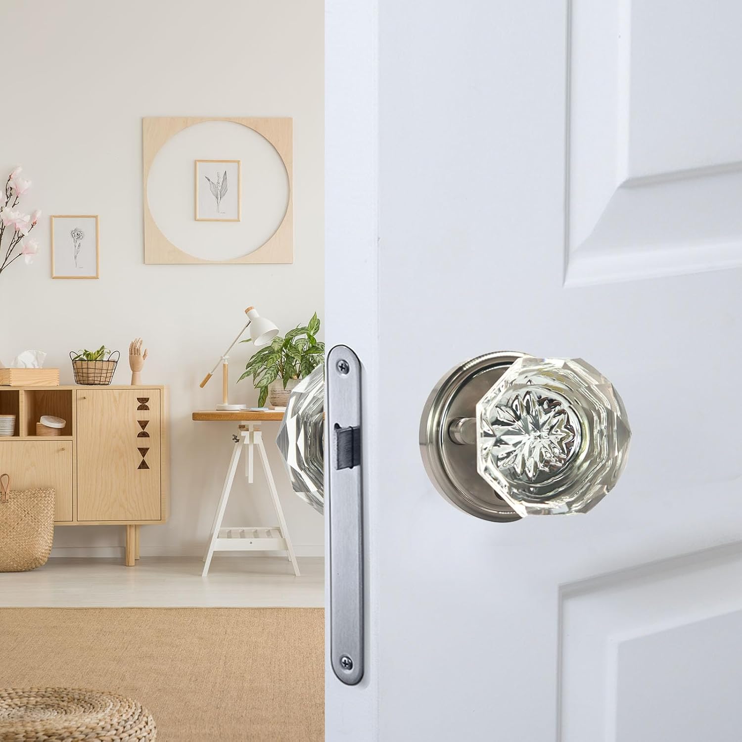 Crystal Door Knobs, Privacy Clear Door Knobs Interior with Lock Stain Silver Vintage Style Glass Door Handles Interior for Modern Bedroom Bathroom Indoor Protect Privacy Function (1 Pack)