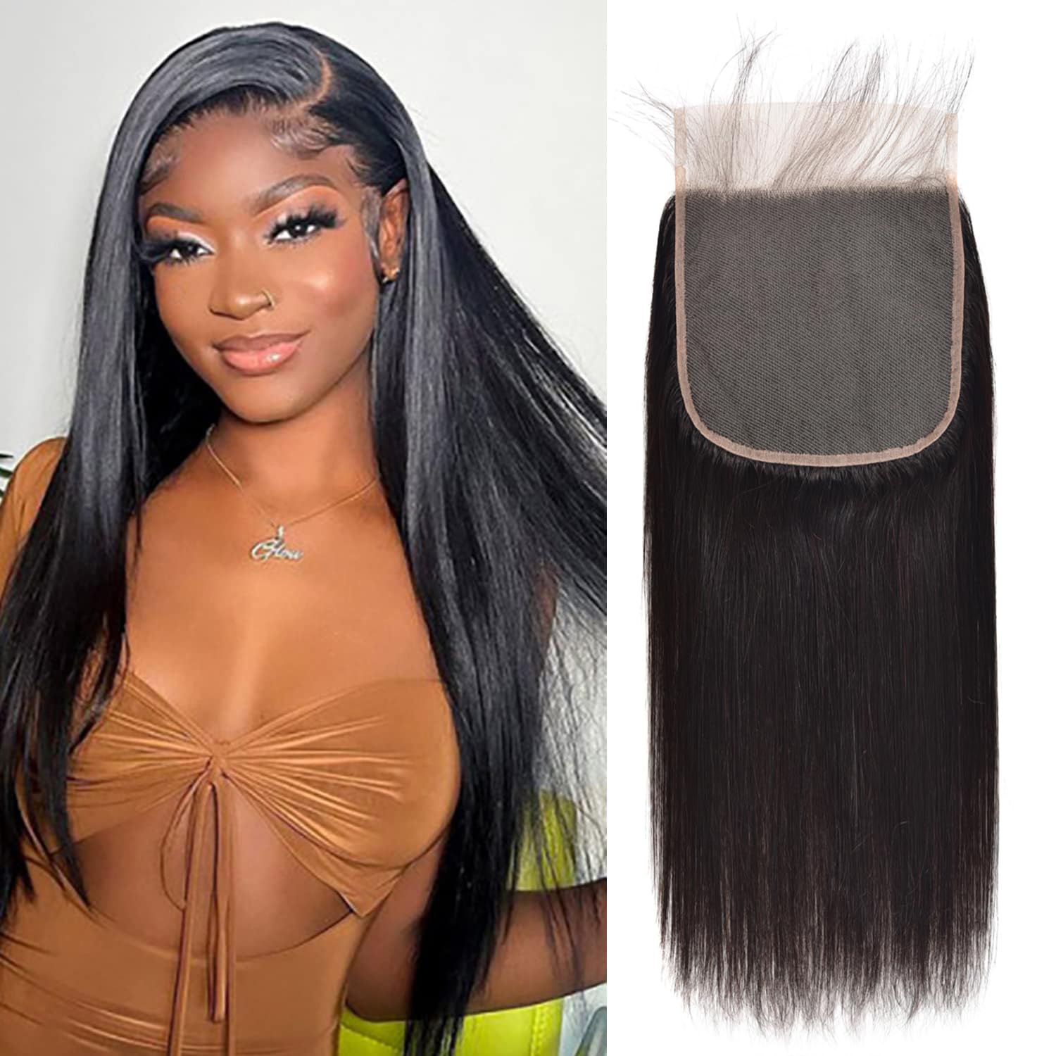 6x6 Closure Human Hair Closure Straight Pre Plucked Swiss Lace 6x6 Transparent Lace Closure With Baby Hair Bleached Knots Brazilian Closure 100% Unprocessed Natural Color Free Part 16 Inch