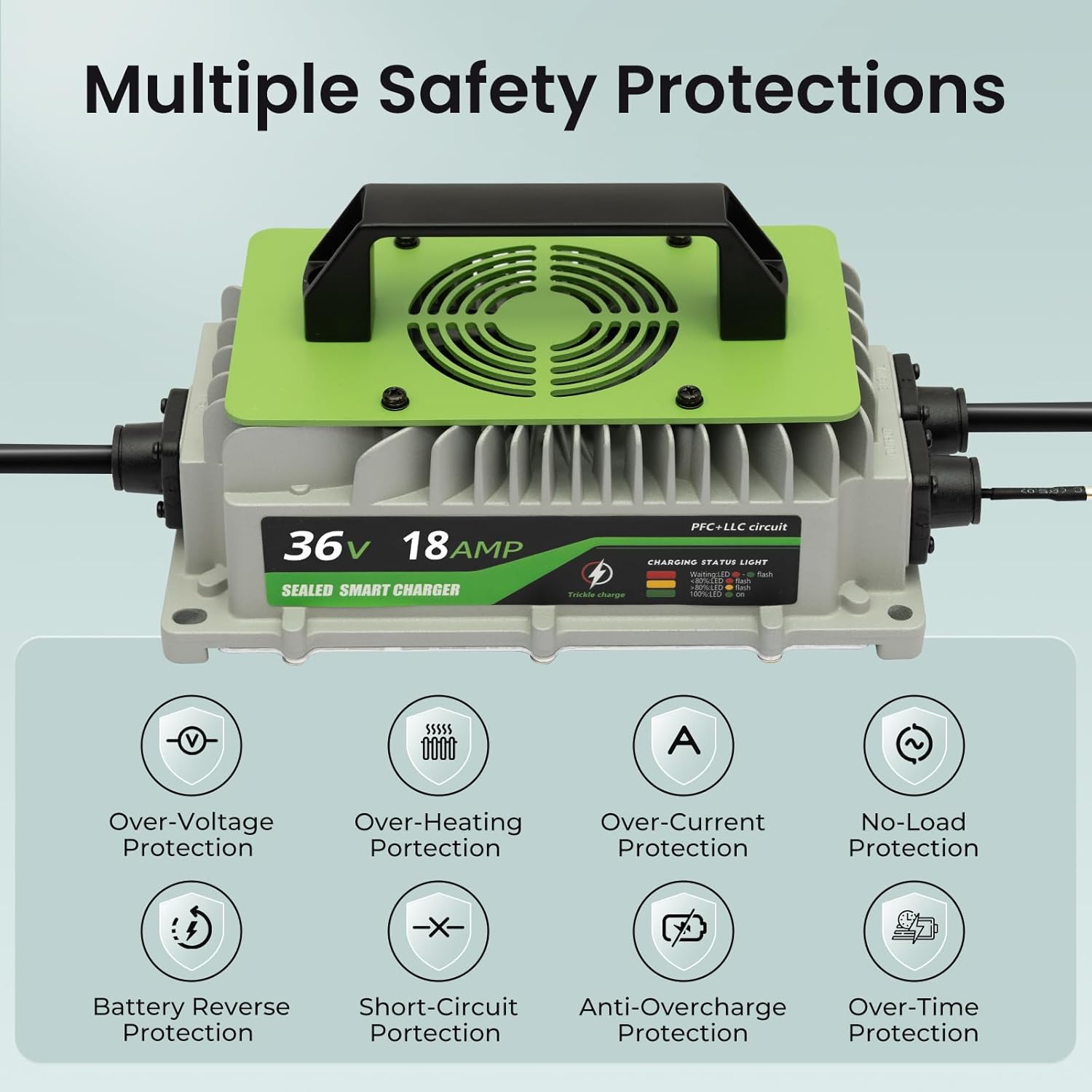 18 AMP 36 Volt Golf Cart Battery Charger 36V Lithium Battery Charger LiFePO4 Charger for Club Cars Trolling Motors Forklift Truck Floor Scrubber 1000W IP65 Waterproof with Cooling Fan M8 Terminals