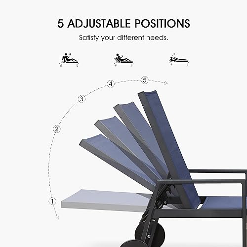 Miniatura 3 de PURPLE LEAF Sillón reclinable de aluminio para exteriores, 2 piezas, con ruedas y reposabrazos, para piscina, patio, playa, azul marino